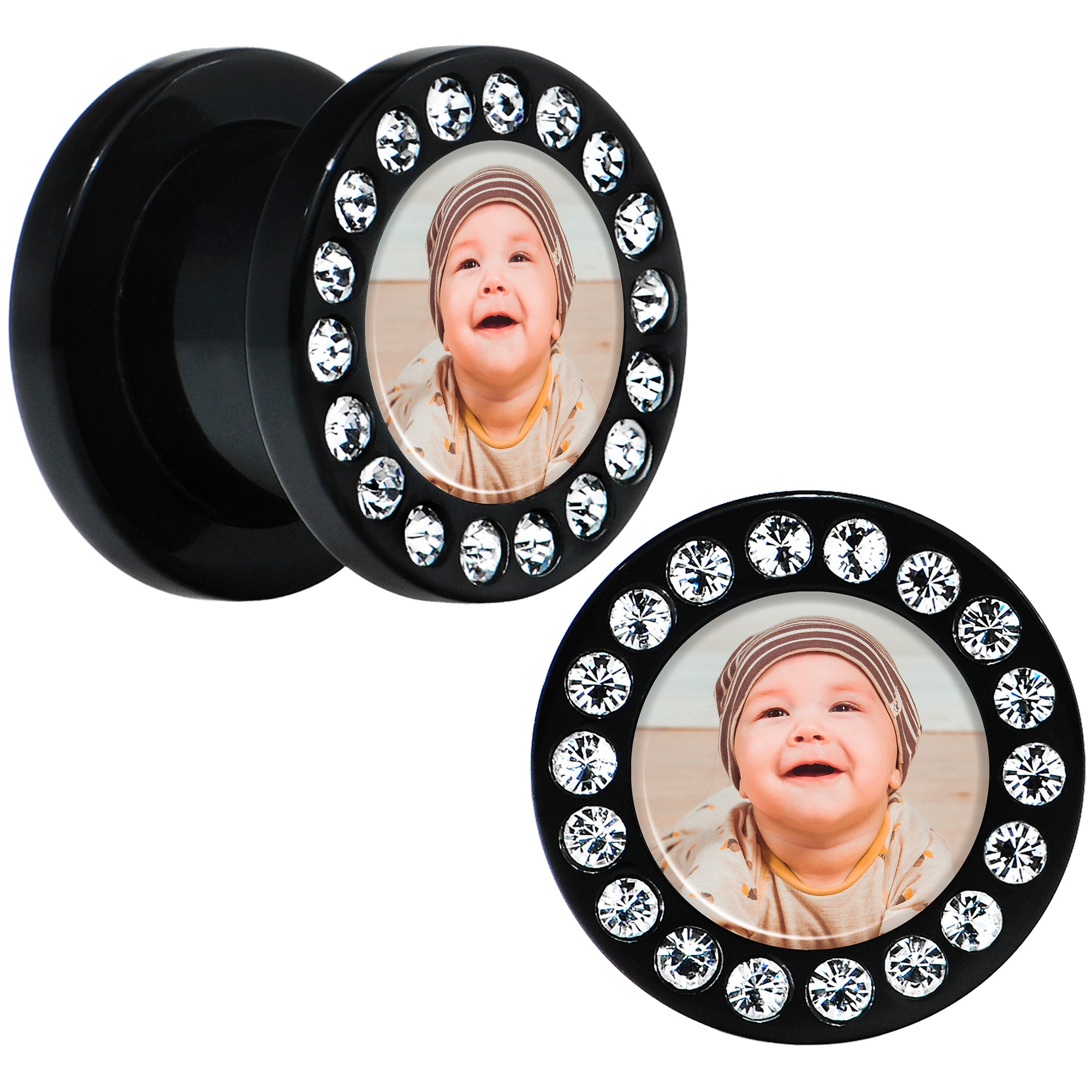 Black Acrylic Custom Photo Gem Screw Fit Plug - buy 2 for a pair