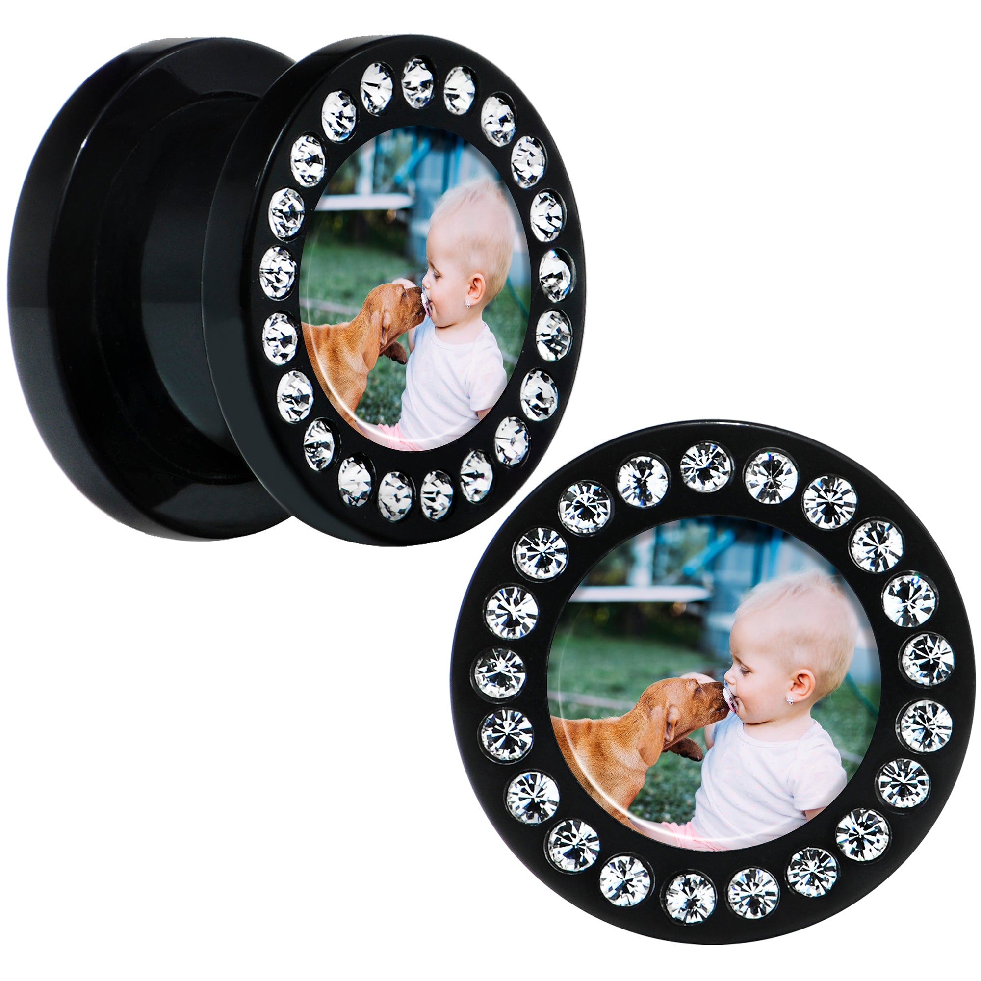 Black Acrylic Custom Photo Gem Screw Fit Plug (buy 2 for a pair)