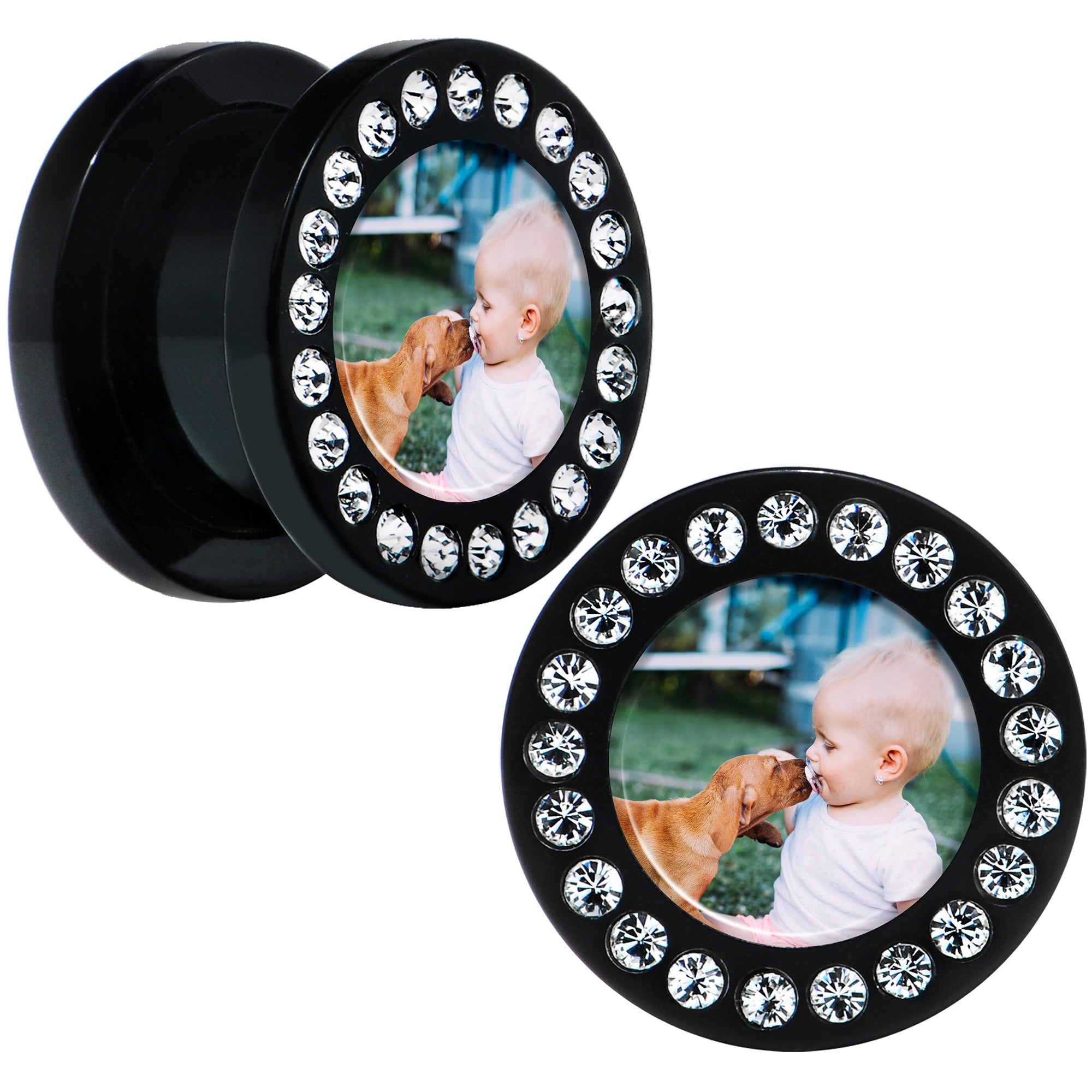 Black Acrylic Custom Photo Gem Screw Fit Plug - buy 2 for a pair