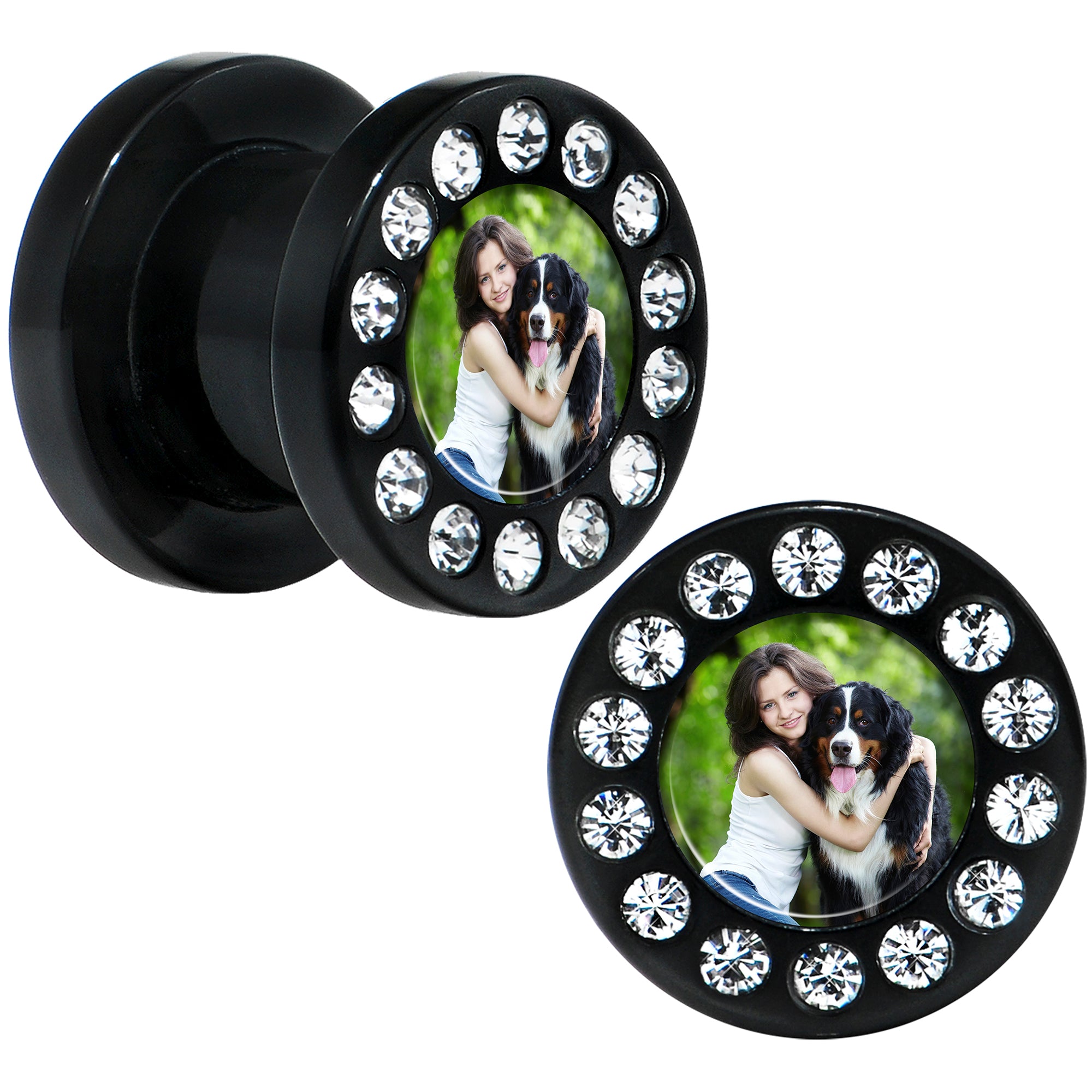 Black Acrylic Custom Photo Gem Screw Fit Plug - buy 2 for a pair
