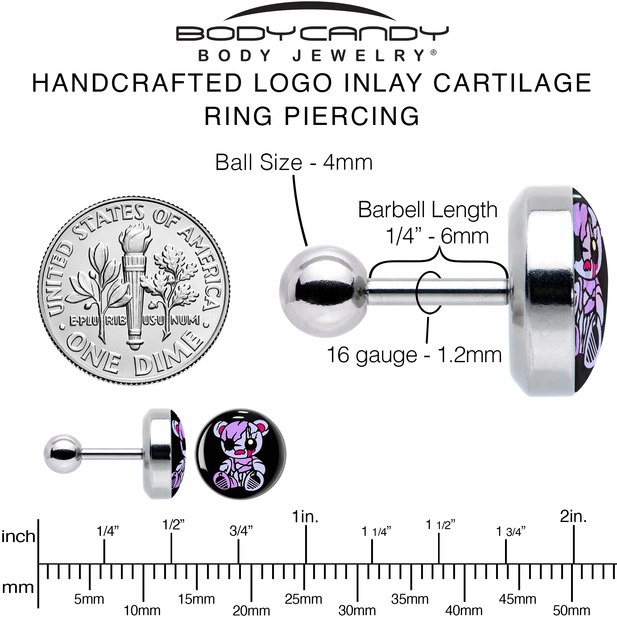 16G 1/4 Attitude Teddy Bear Tragus Cartilage Earring by Onyx O