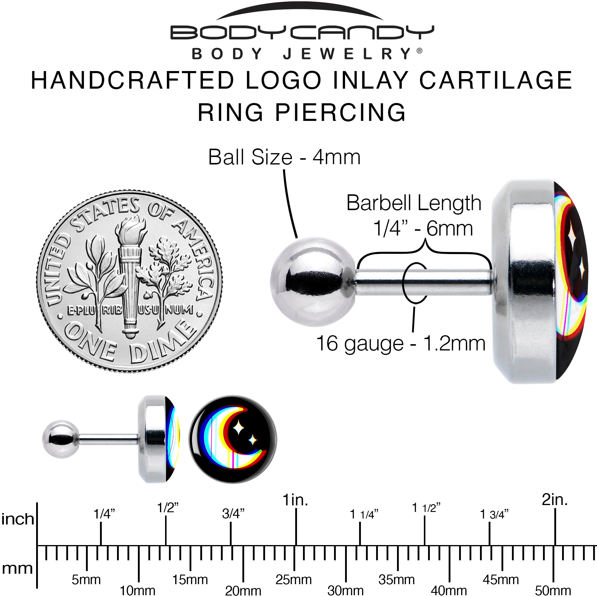 16 Gauge 1/4 Chromatic Moon Tragus Cartilage Earring