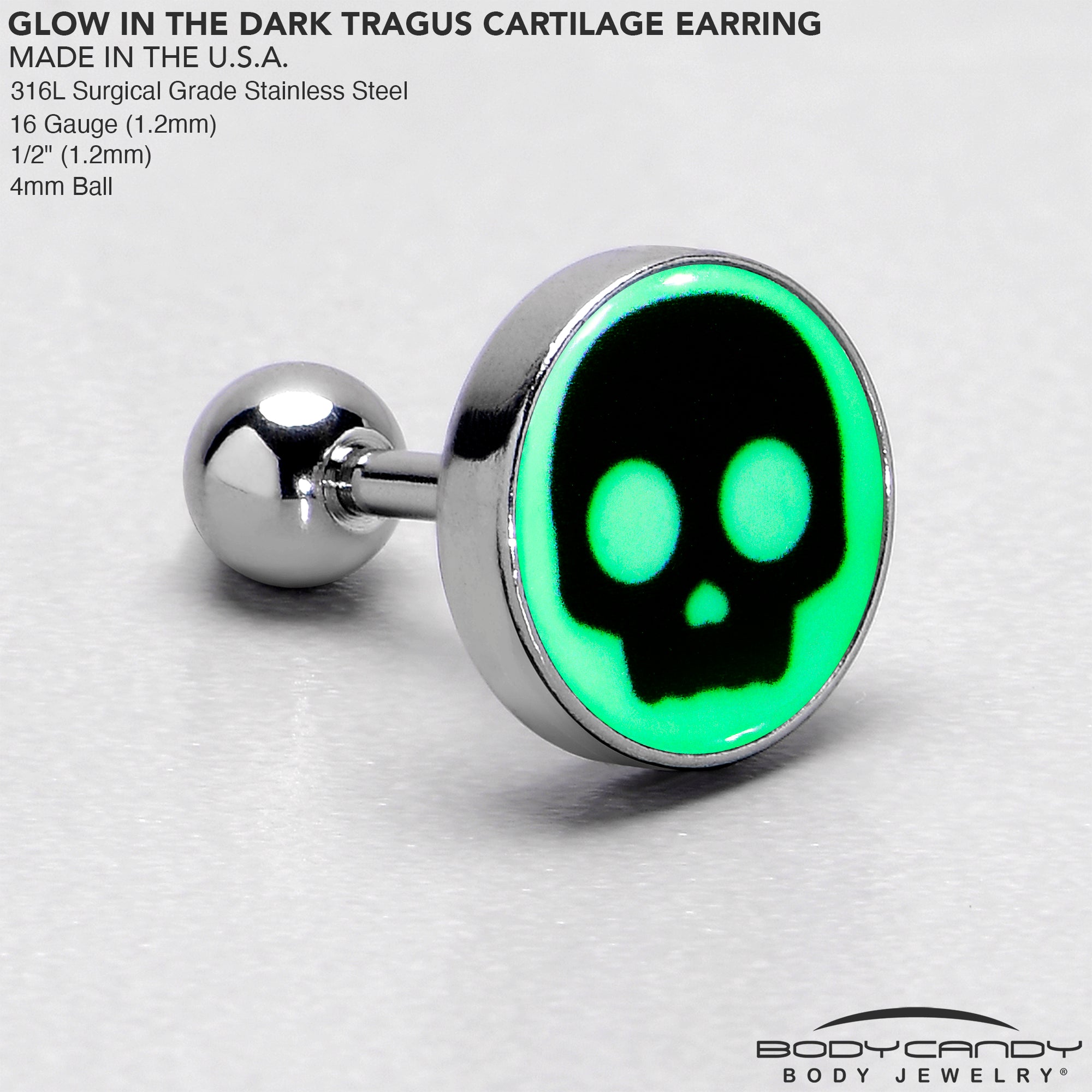 16 Gauge 1/4 Glow in the Dark Simple Skull Tragus Cartilage Earring