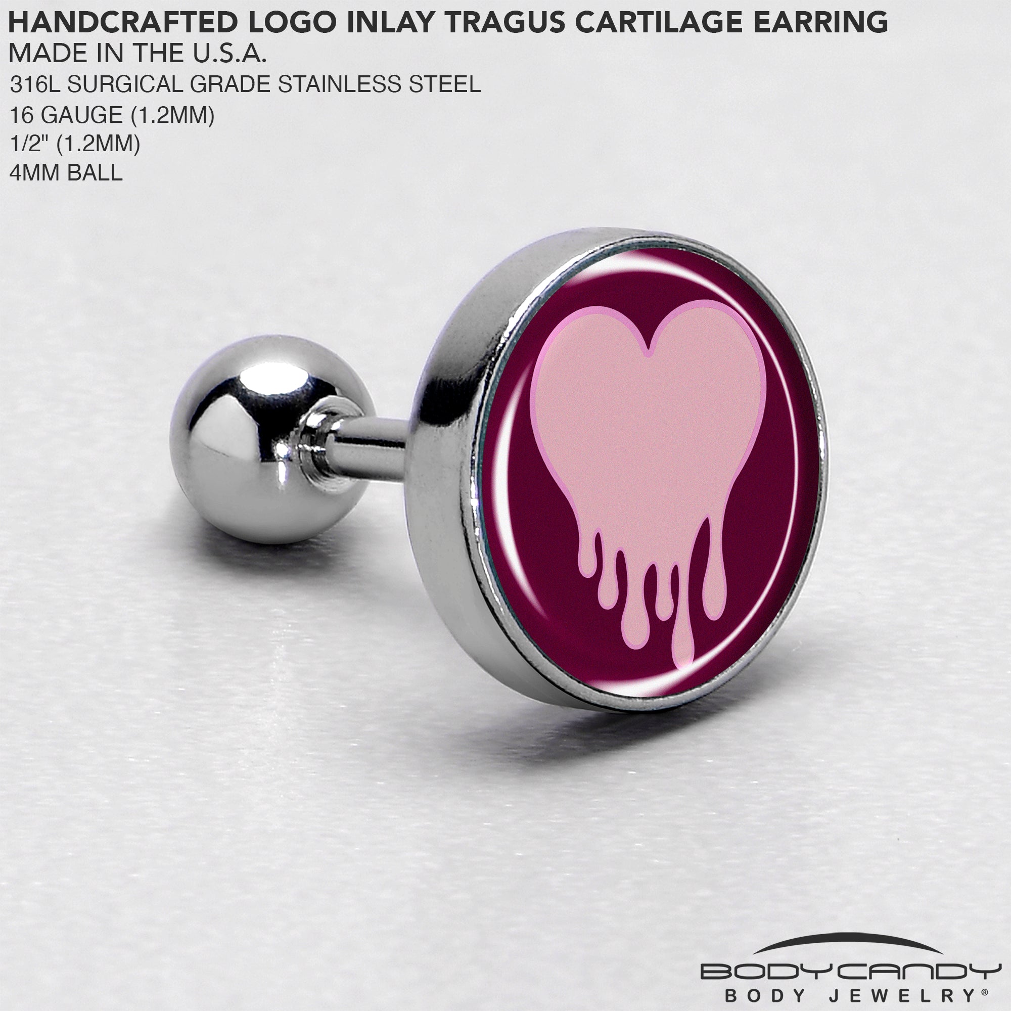 16G 1/4 Pinkish Melting Heart Tragus Cartilage Earring by Onyx O
