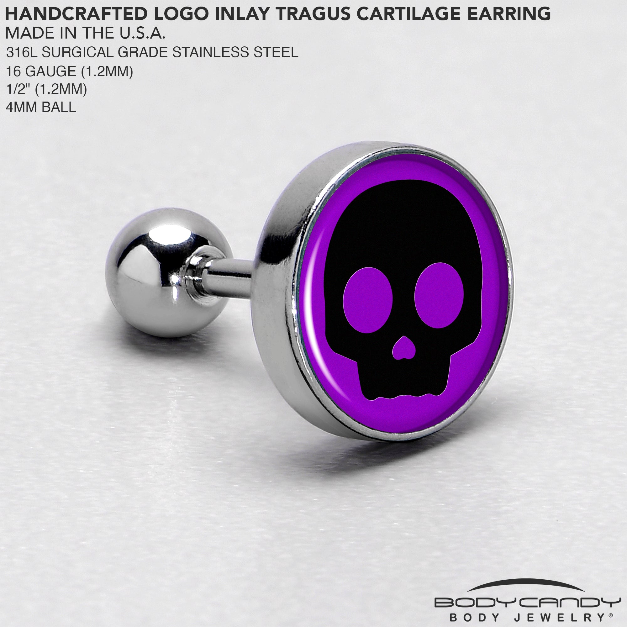 16 Gauge 1/4 Purple Black Simple Skull Tragus Cartilage Earring