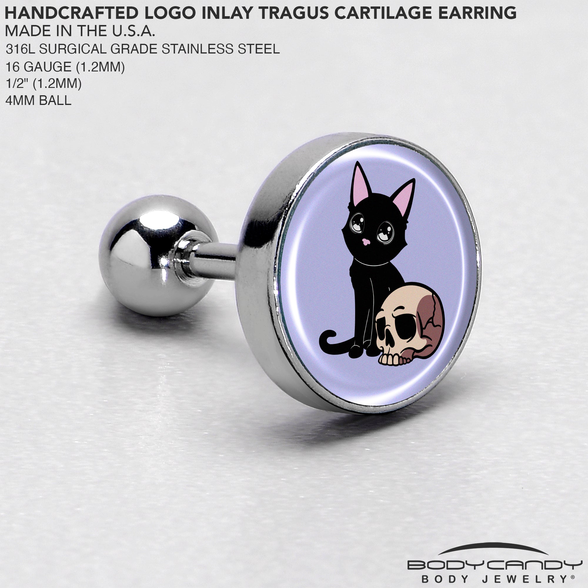 16 Gauge 1/4 Skull Cat Tragus Cartilage Earring