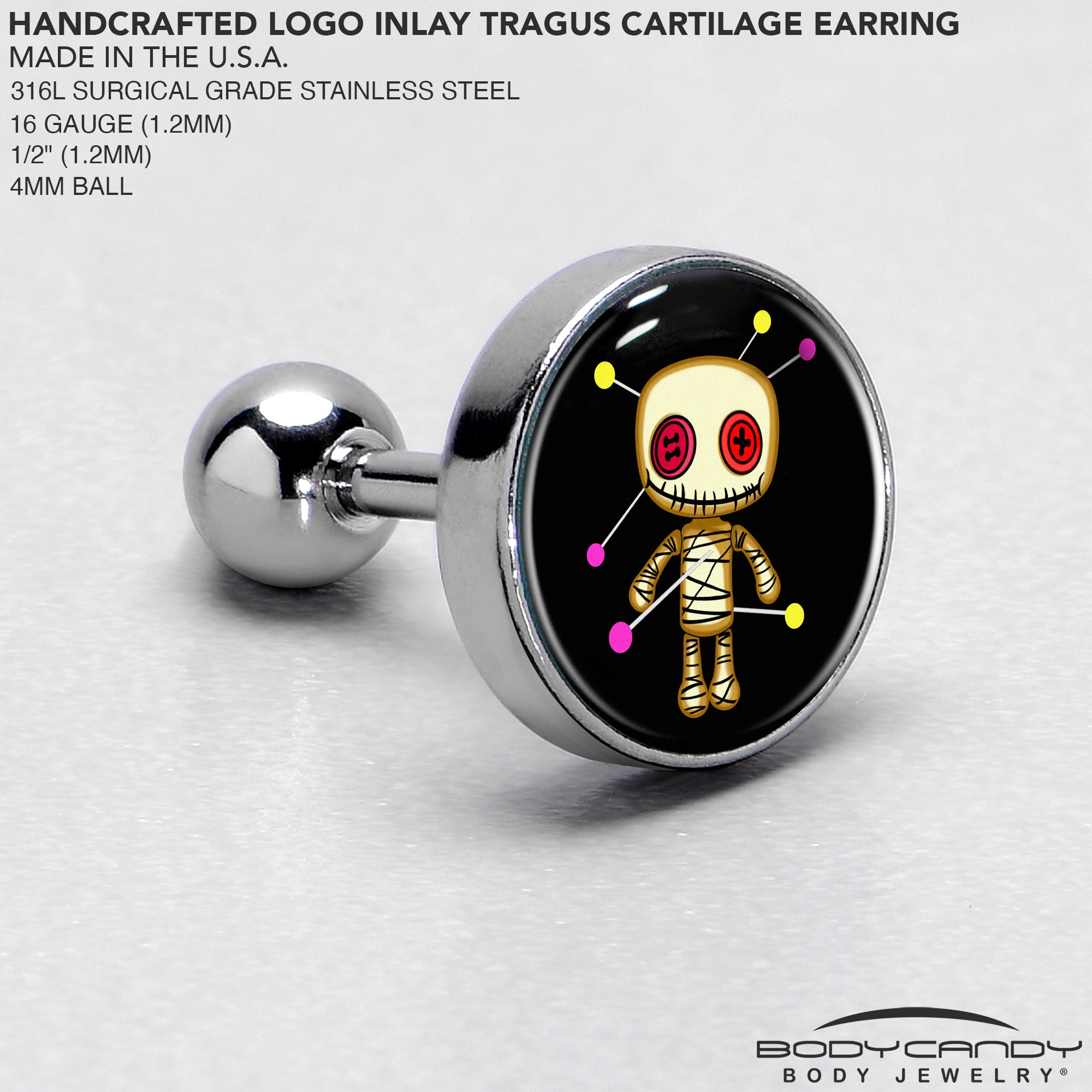 16 Gauge 1/4 Voodoo Doll Tragus Cartilage Earring