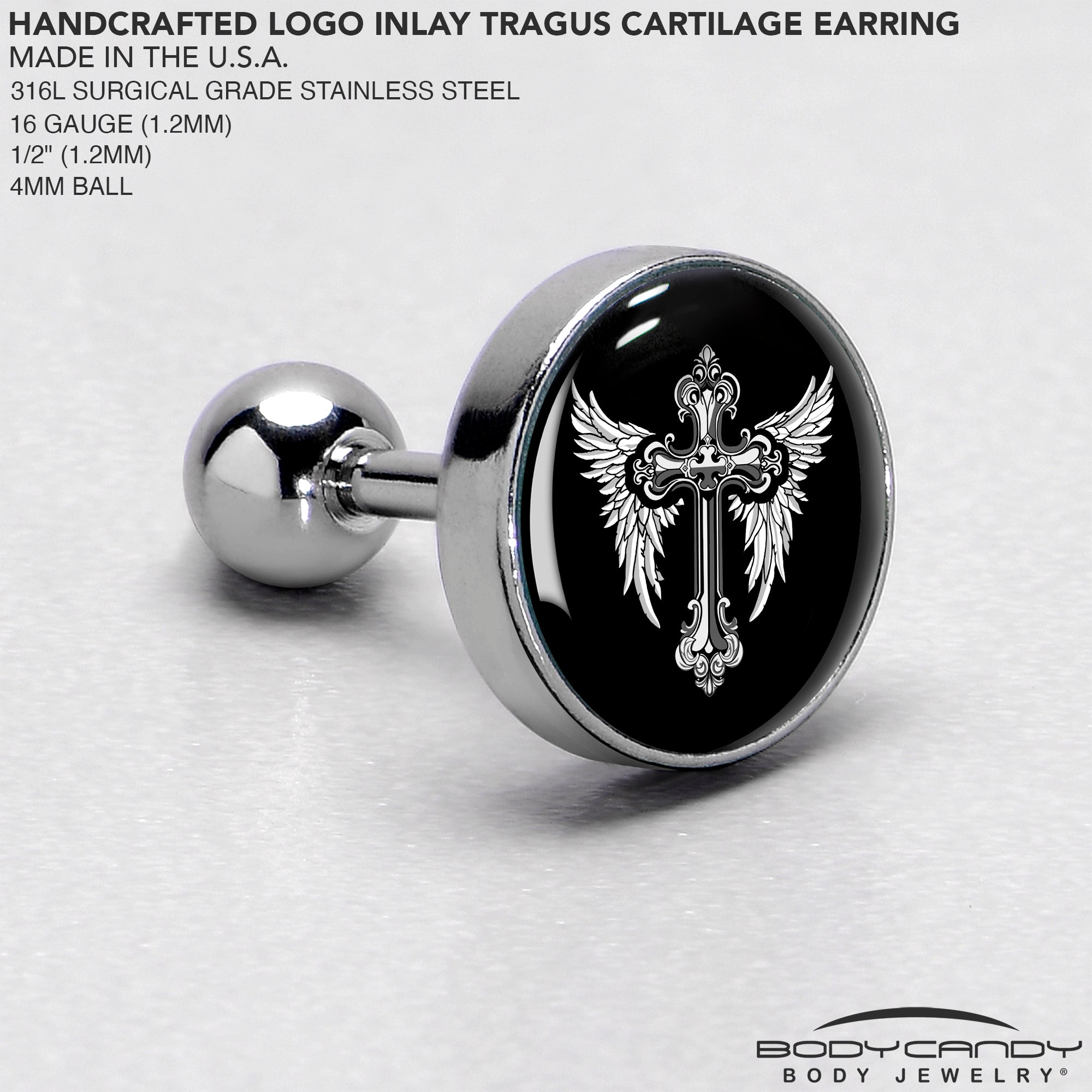 16G 1/4 Black White Winged Cross Tragus Cartilage Earring by Onyx O