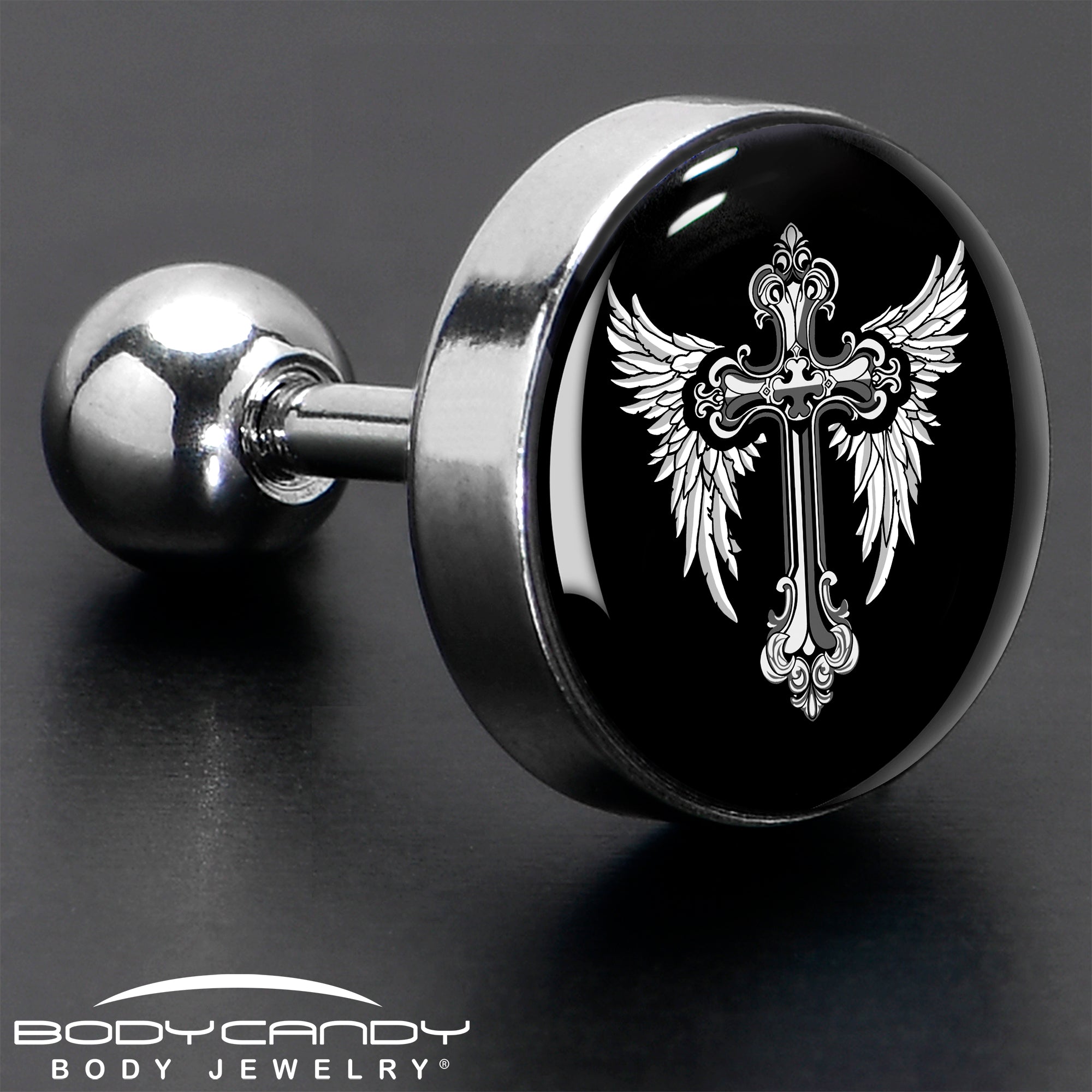16G 1/4 Black White Winged Cross Tragus Cartilage Earring by Onyx O