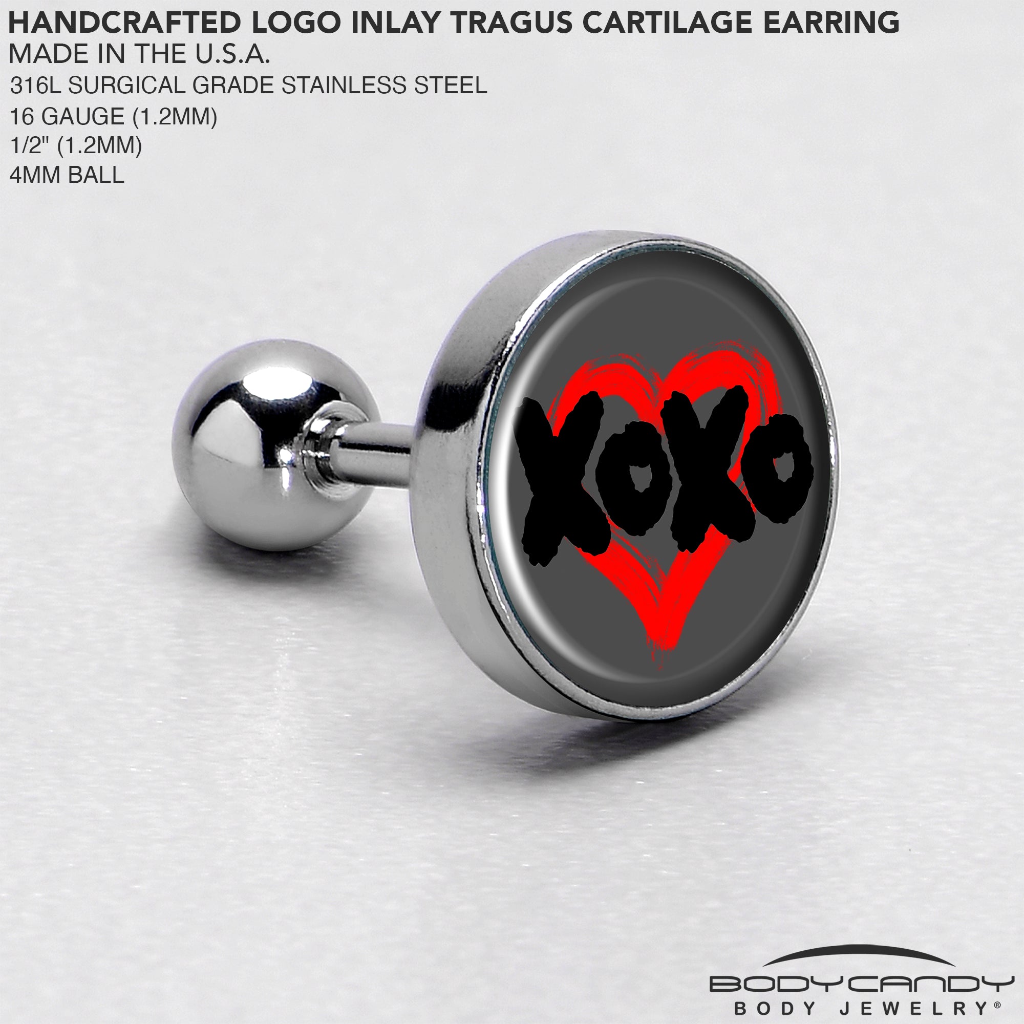16 Gauge 1/4 XOXO Heart Tragus Cartilage Earring