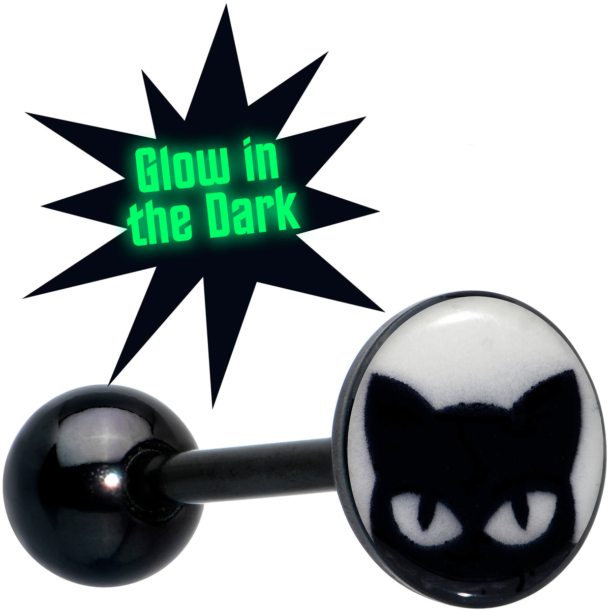 Glow in the Dark Black Anodized Peeking Black Cat Barbell Tongue Ring by Onyx O