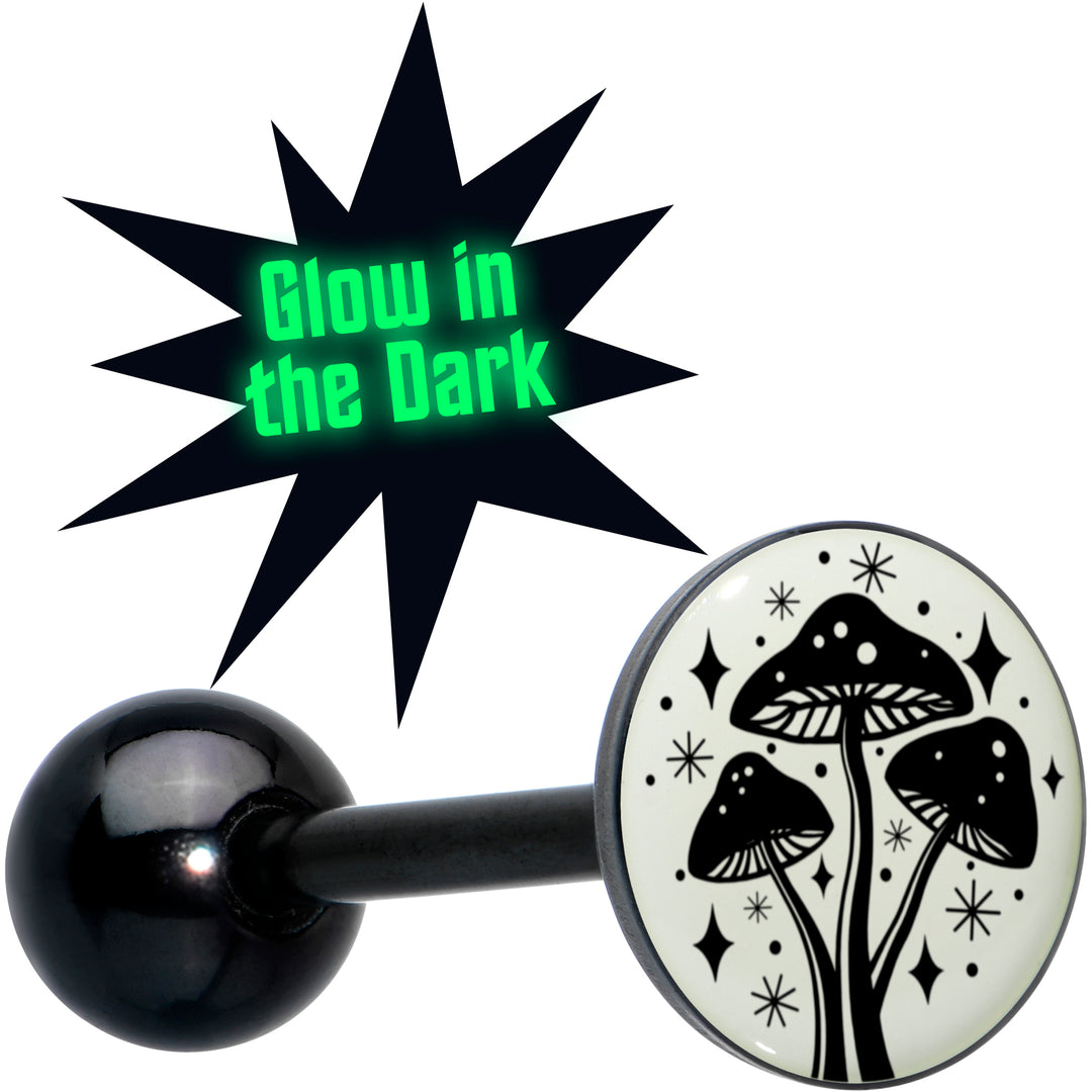 Glow in the Dark Black Anodized Mystic Mushroom Barbell Tongue Ring by Onyx O