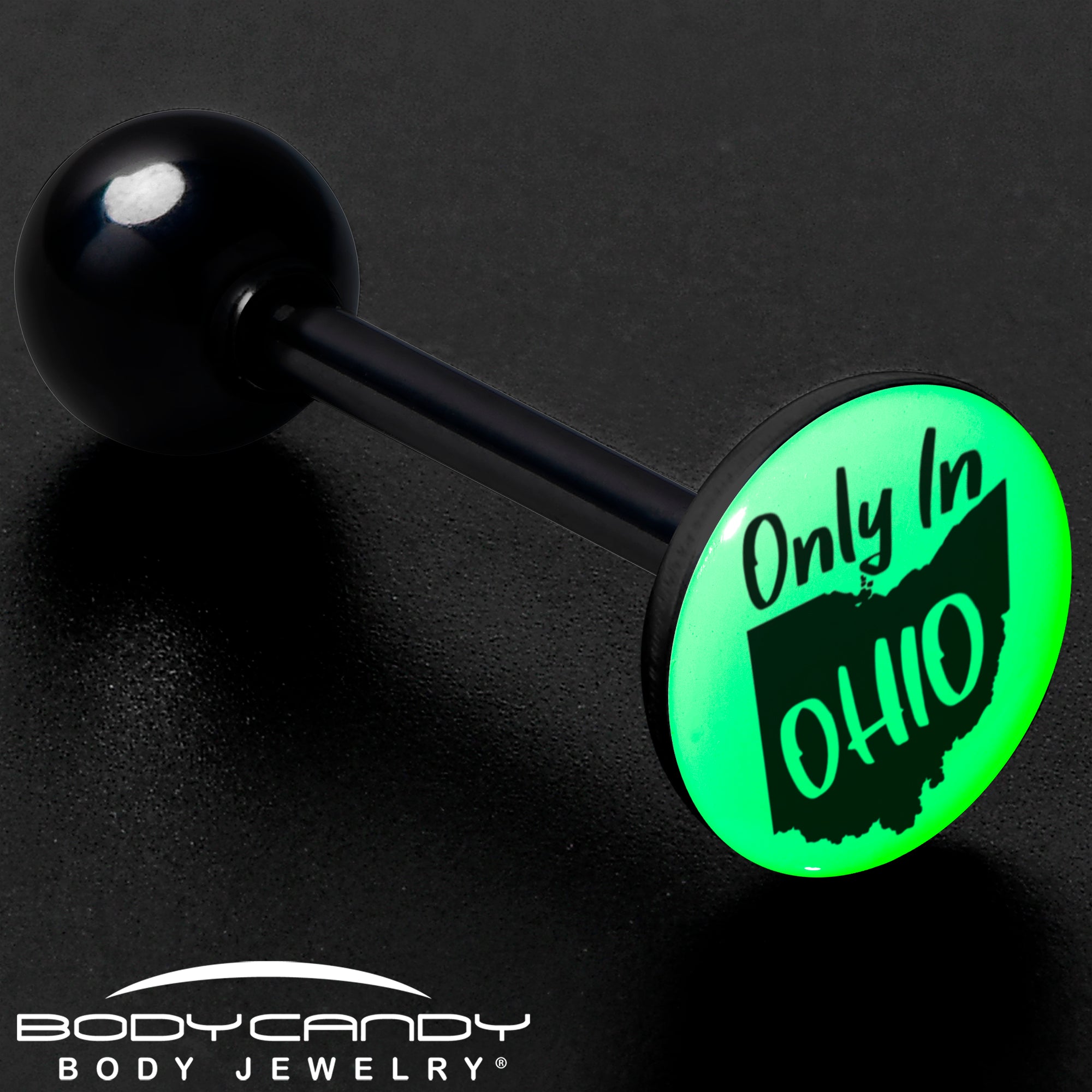 Glow in the Dark Black Anodized Only in Ohio Barbell Tongue Ring by Onyx O