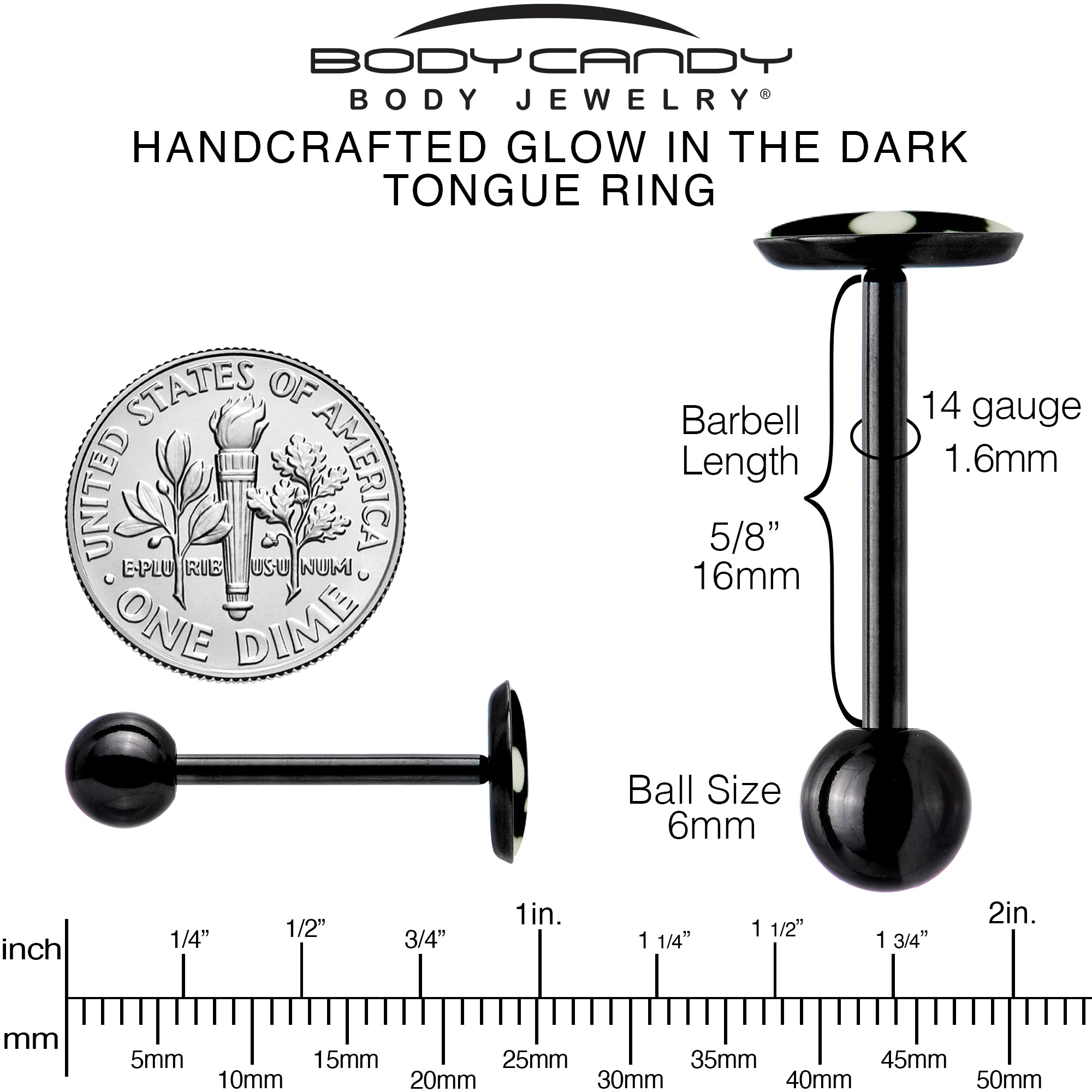 Glow in the Dark Black Anodized Simple Skull Barbell Tongue Ring