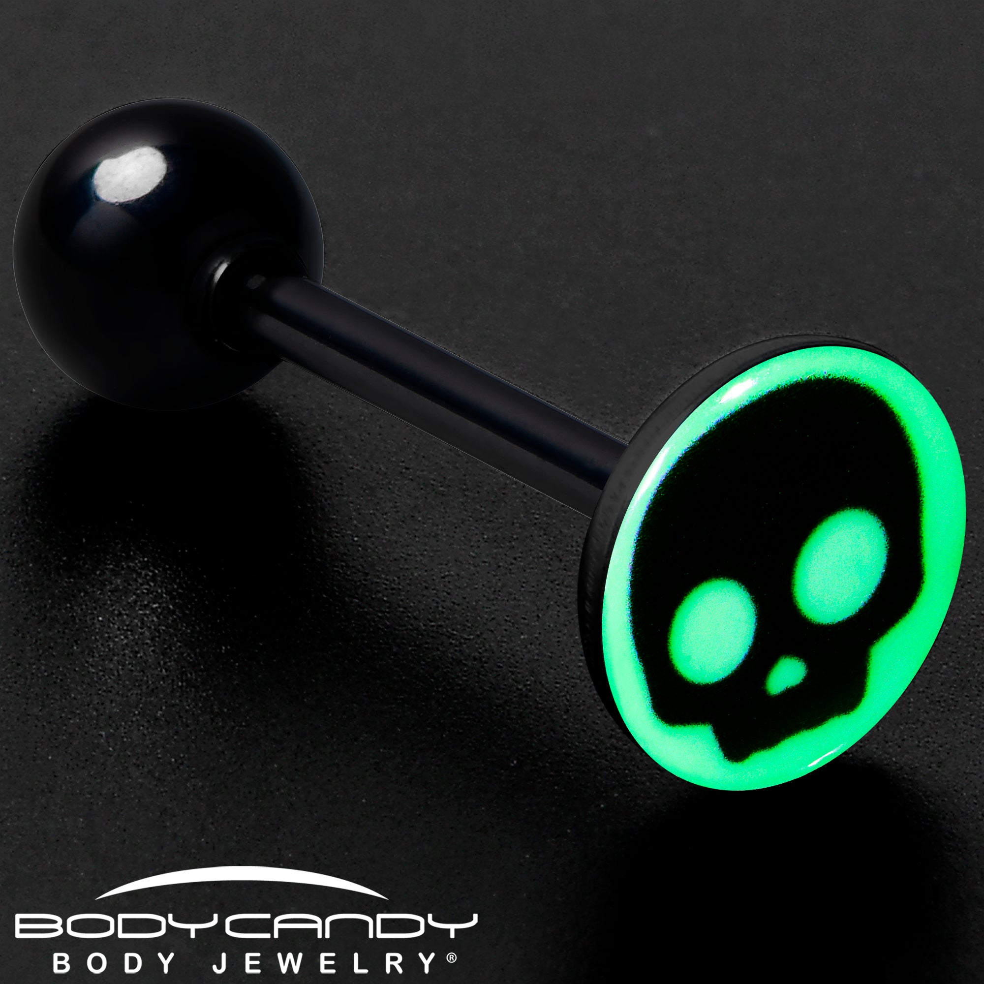 Glow in the Dark Black Anodized Simple Skull Barbell Tongue Ring