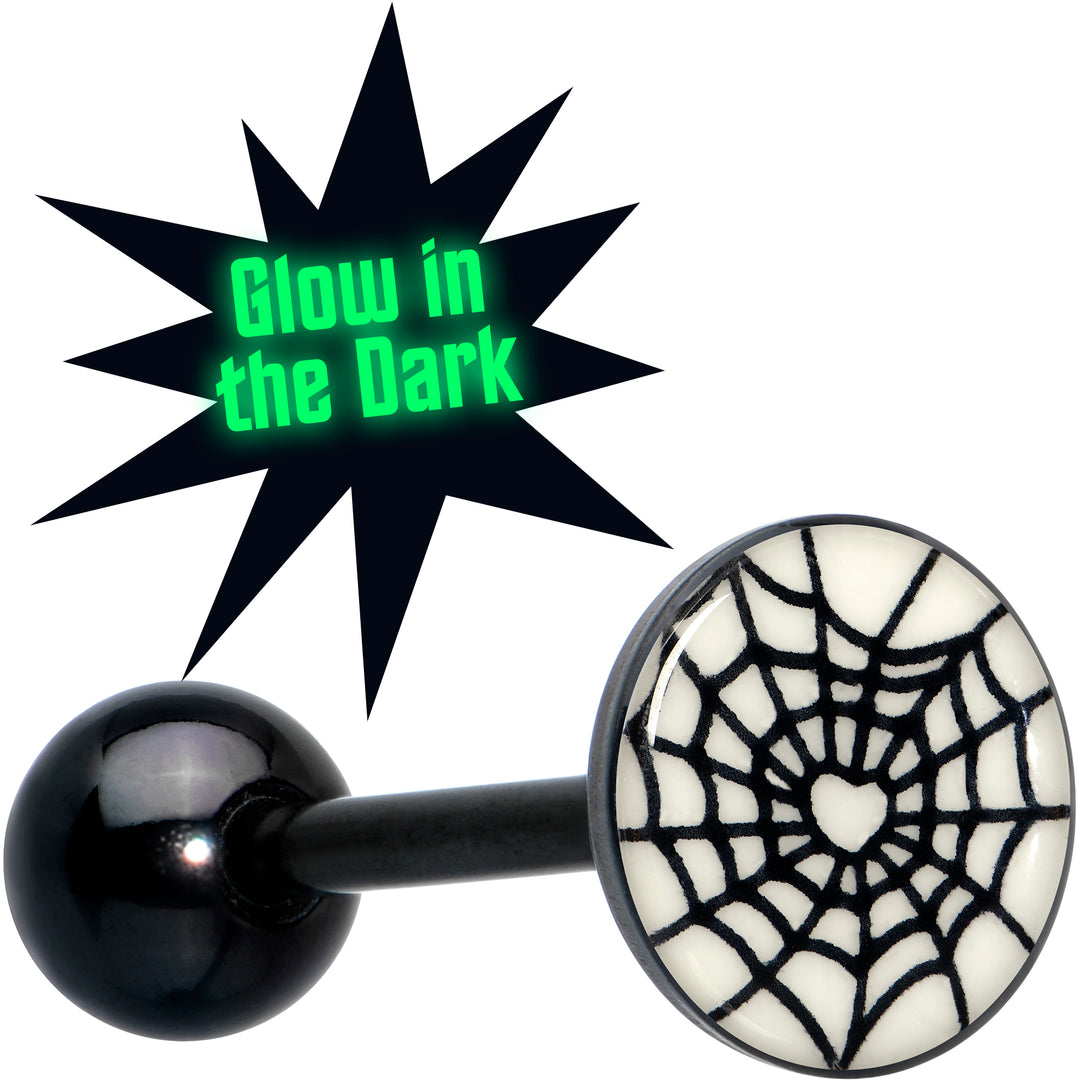 Black Glow in the Dark Heart Spider Web Barbell Tongue Ring by Onyx O