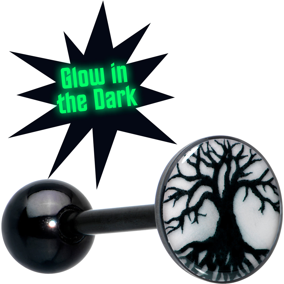 Glow in the Dark Black Anodized Tree of Life Barbell Tongue Ring by Onyx O