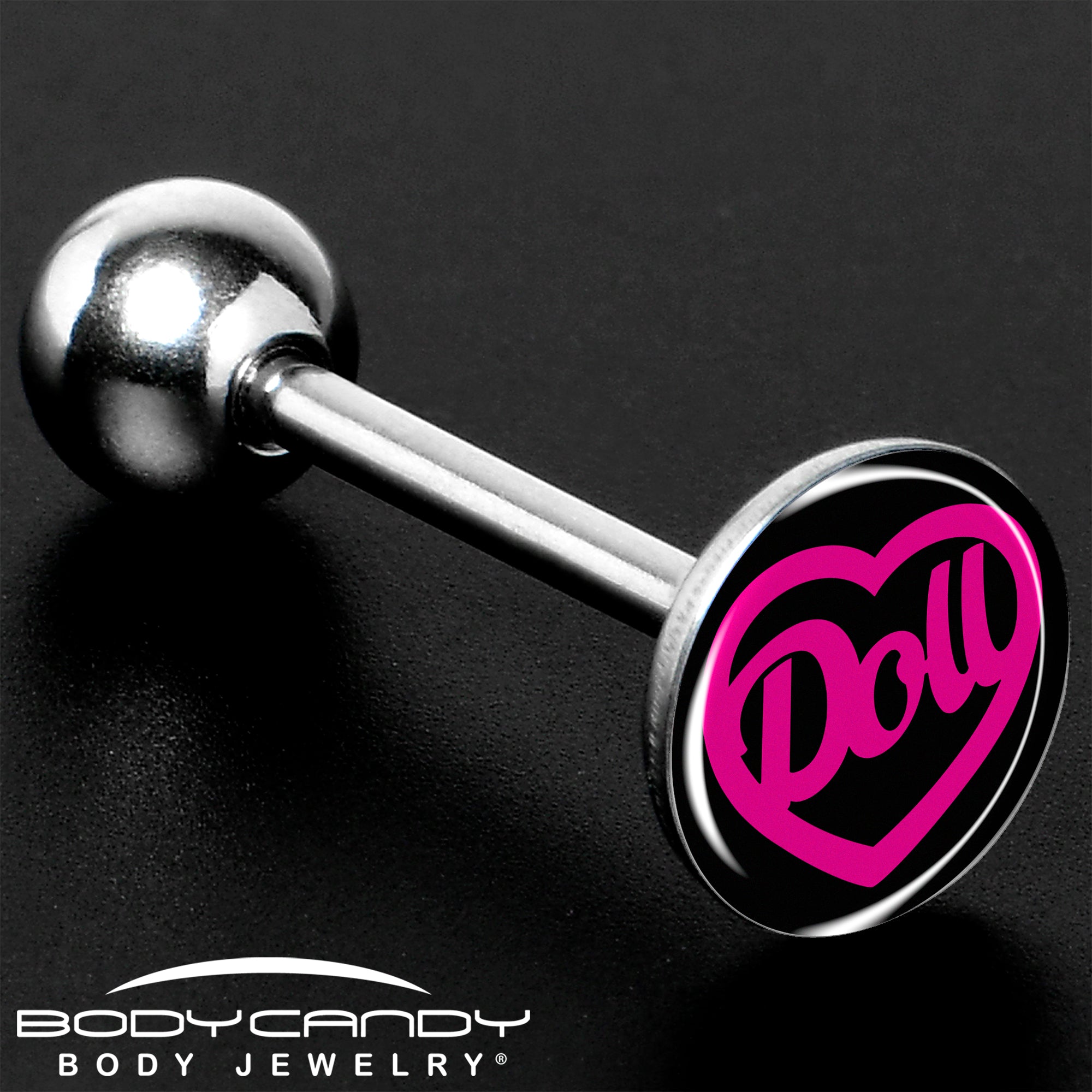 Hollow Heart Doll Word Barbell Tongue Ring by Onyx O