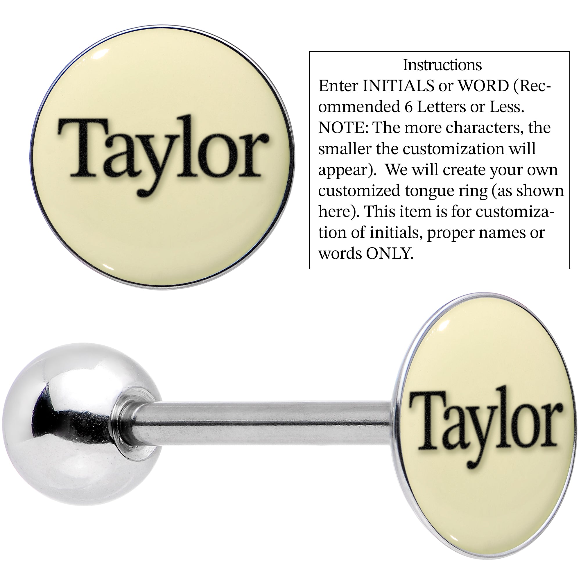 Custom Glow in the Dark Logo Stainless Steel Barbell Tongue Ring