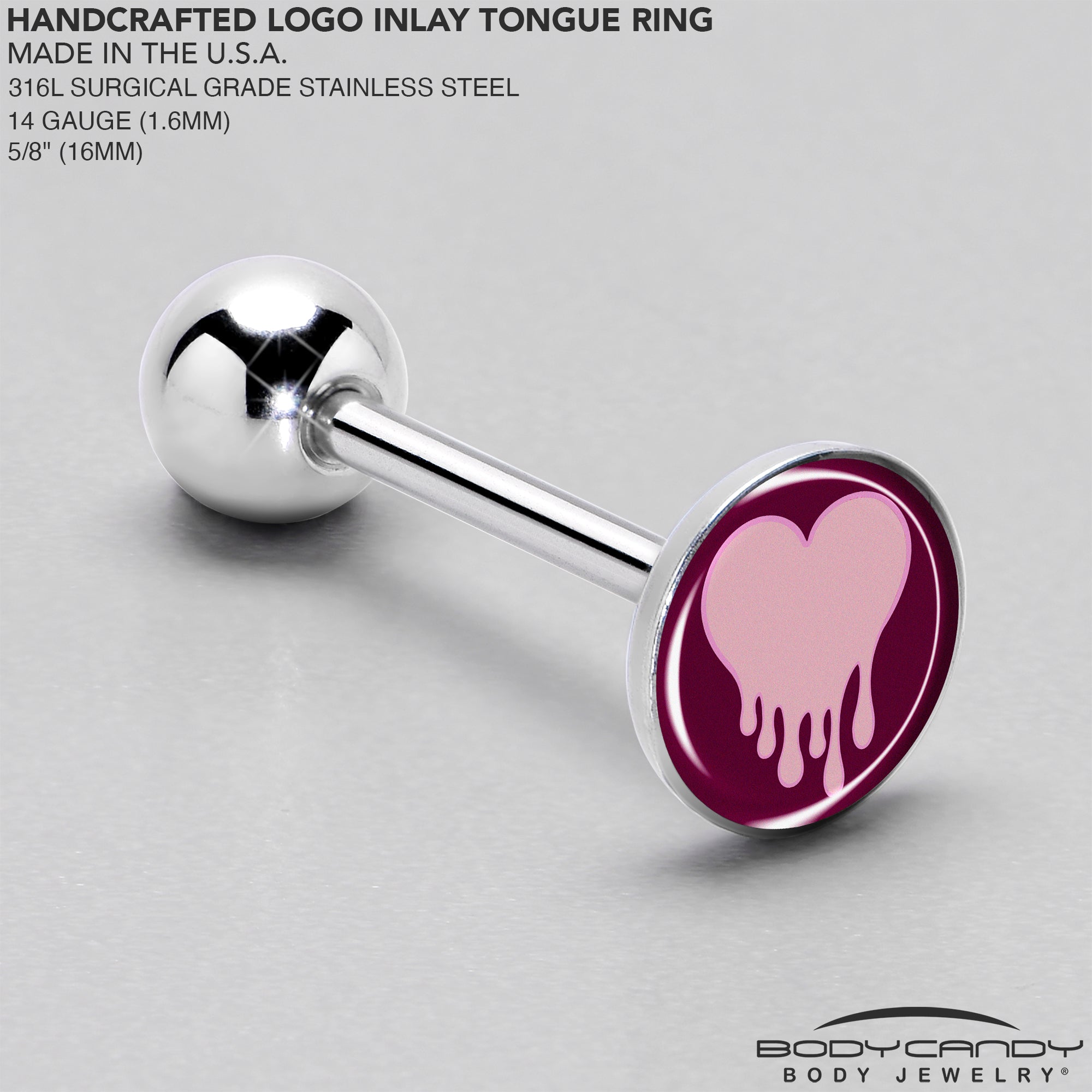 Pinkish Melting Heart Barbell Tongue Ring by Onyx O