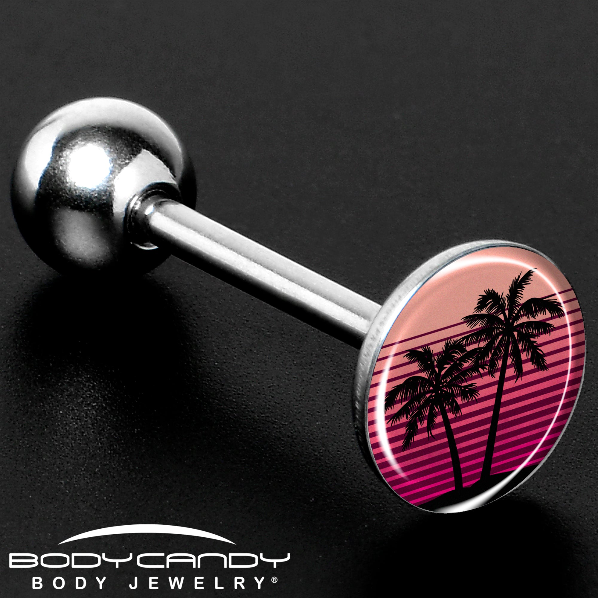 Palm Tree Retro Sunset Barbell Tongue Ring by Onyx O