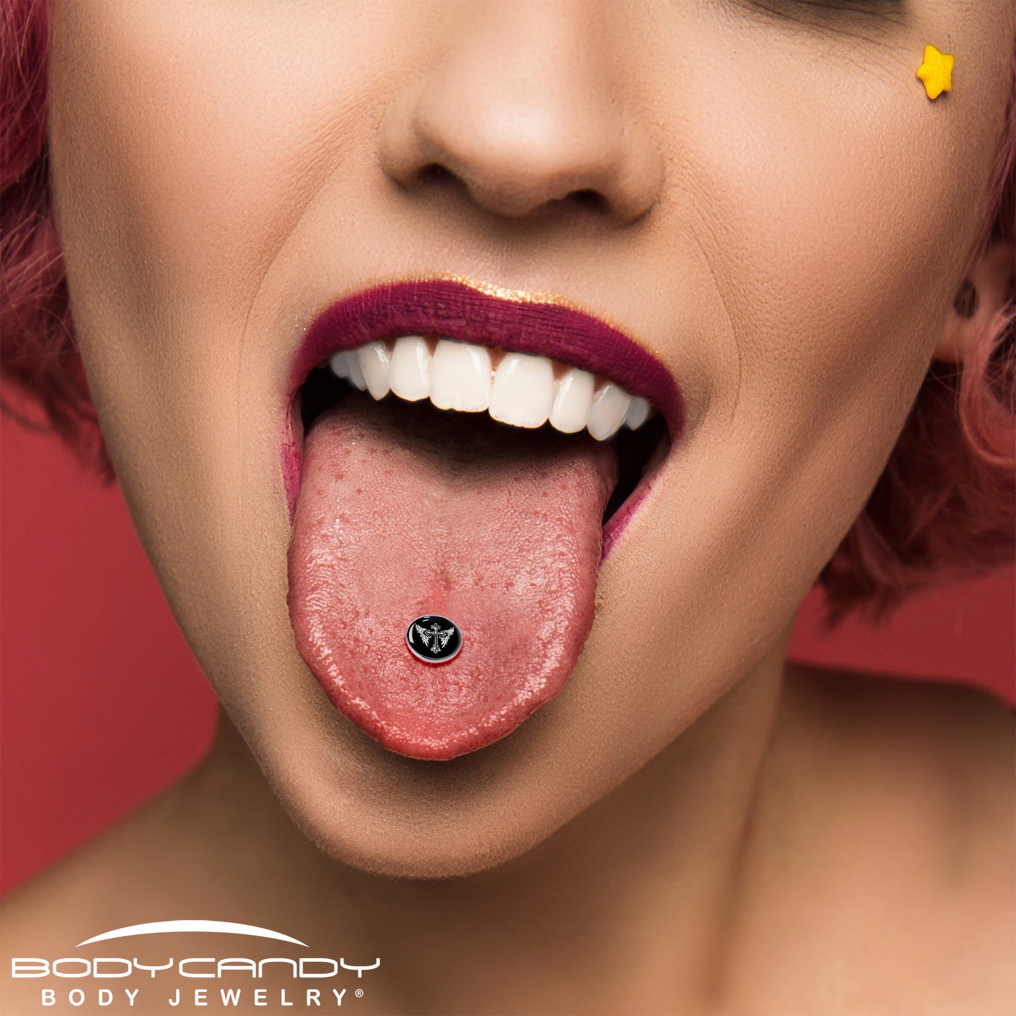 Black White Winged Cross Barbell Tongue Ring