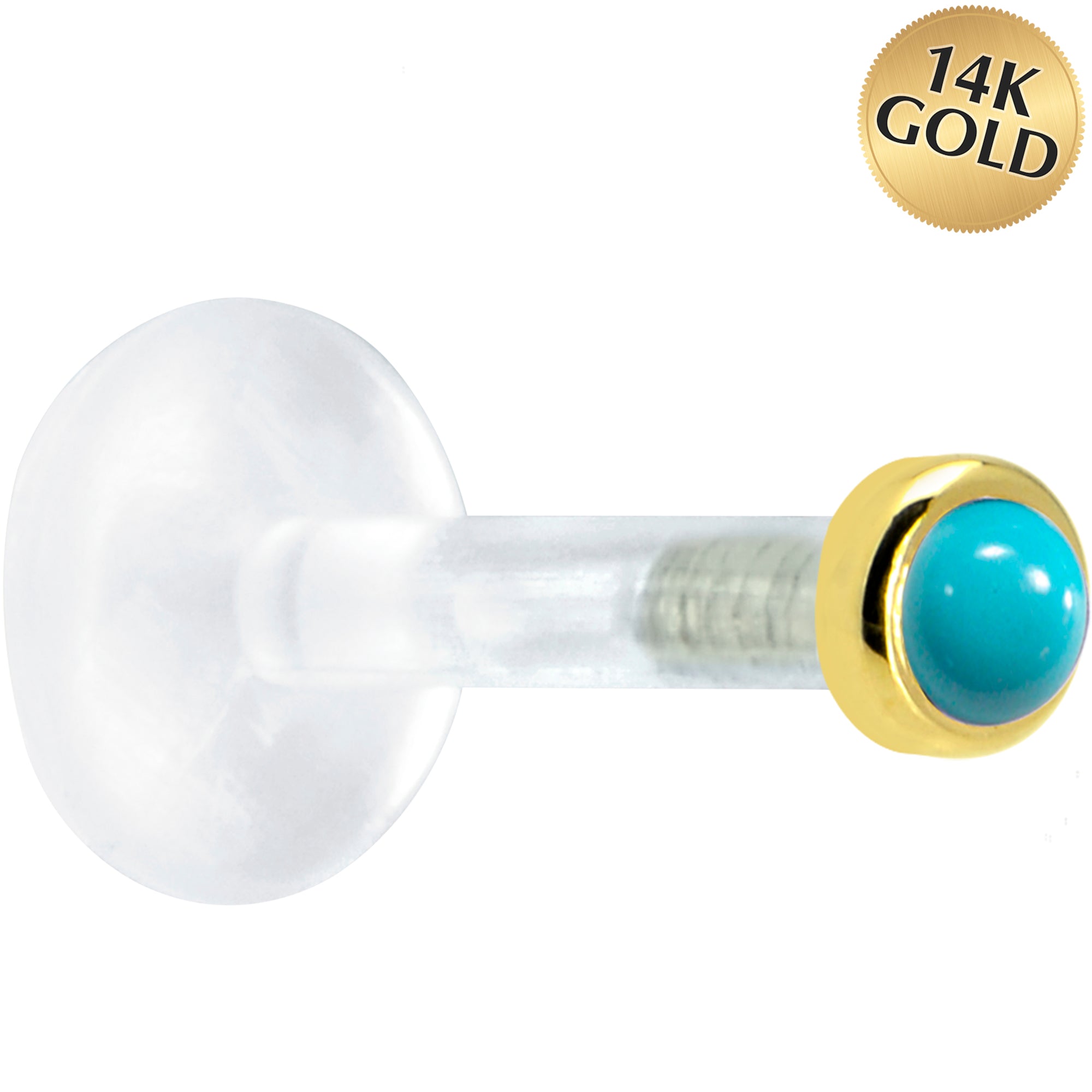 Solid 14KT Yellow Gold 2mm Genuine Turquoise Bioplast Push in Labret