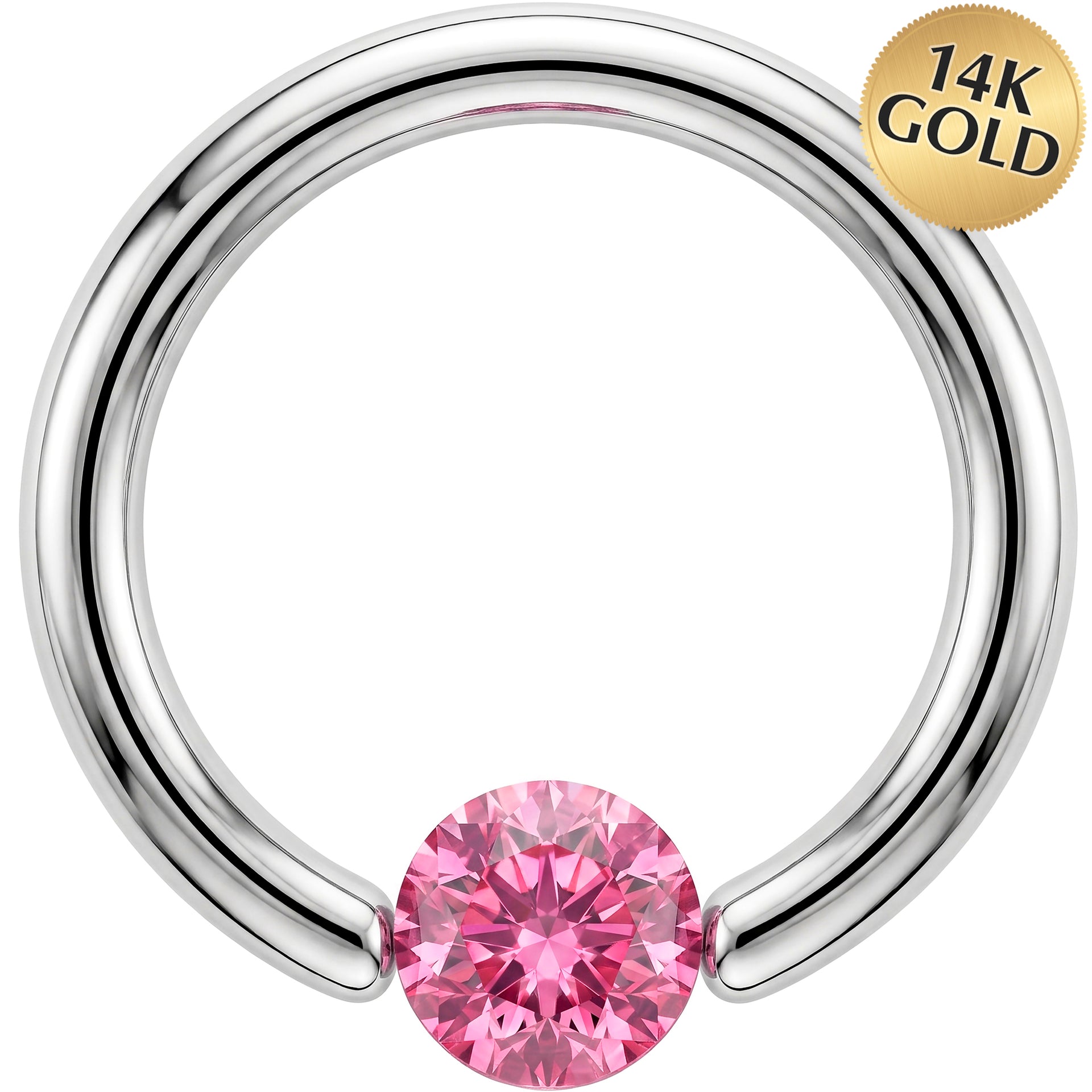 14G 7/16 Solid 14k White Gold 4mm Pink Cubic Zirconia Tension Captive Ring
