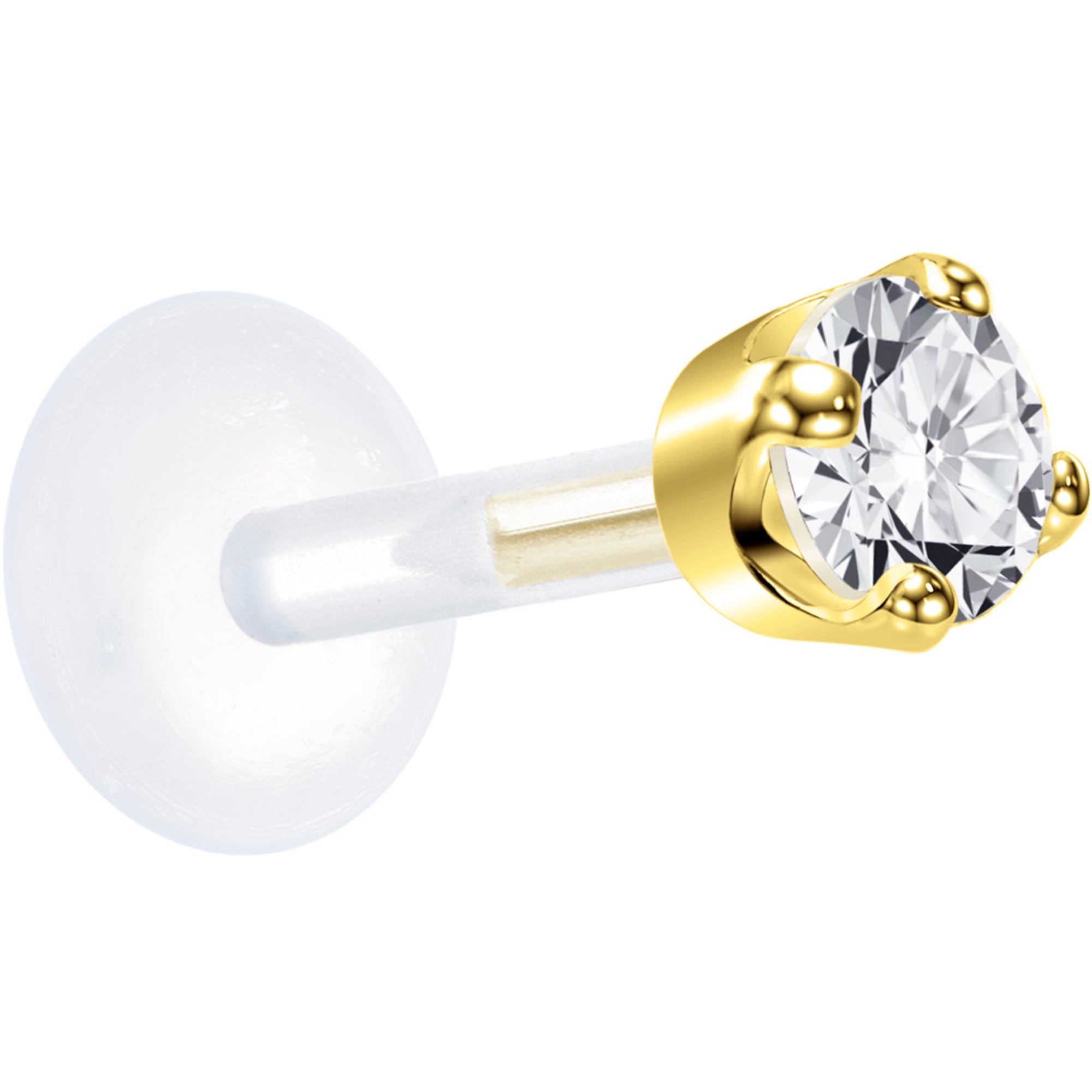 16G 1/4 Solid 14K Yellow Gold 3mm Clear Cubic Zirconia Bioplast Tragus Earring Stud