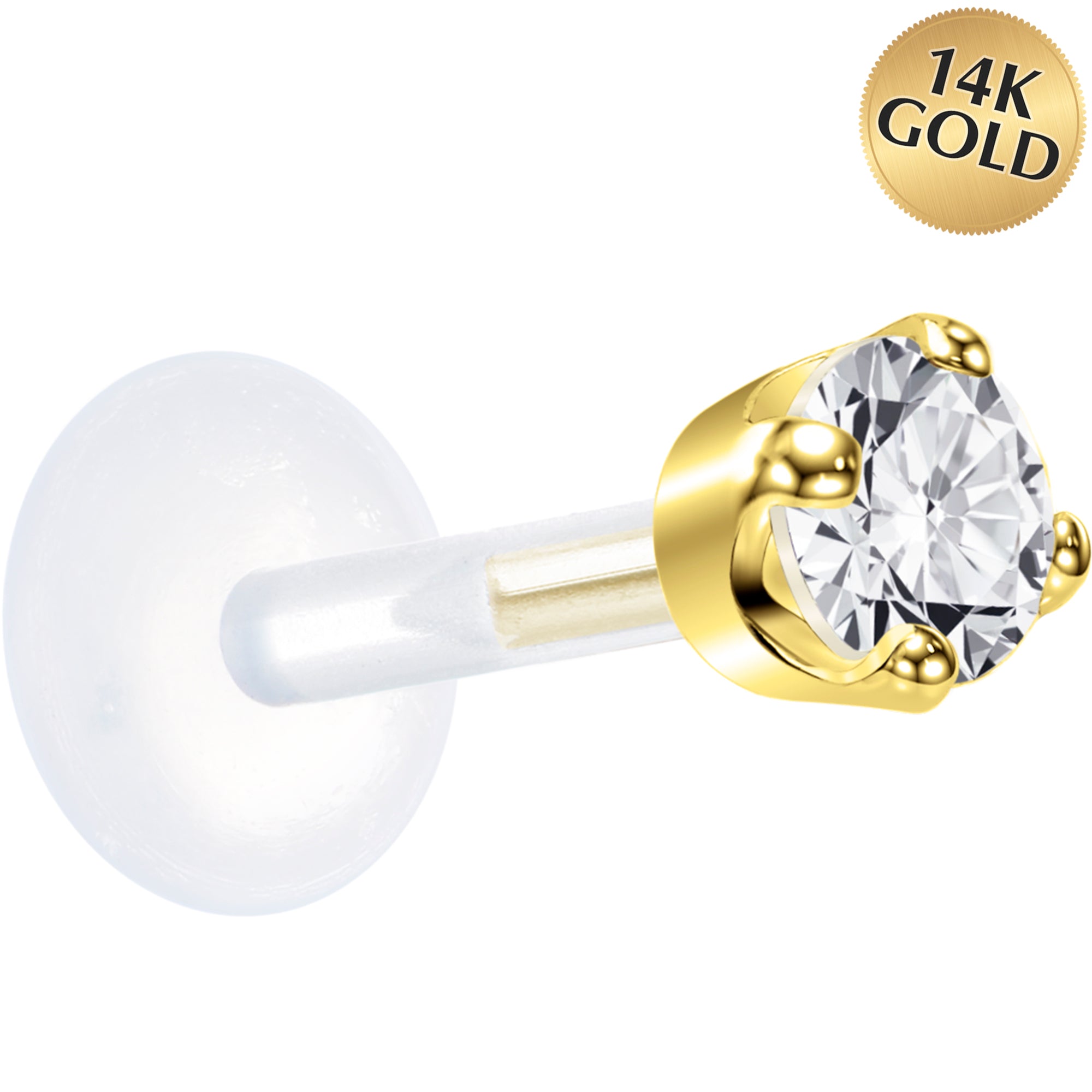 16G 1/4 Solid 14K Yellow Gold 3mm Clear Cubic Zirconia Bioplast Tragus Earring Stud