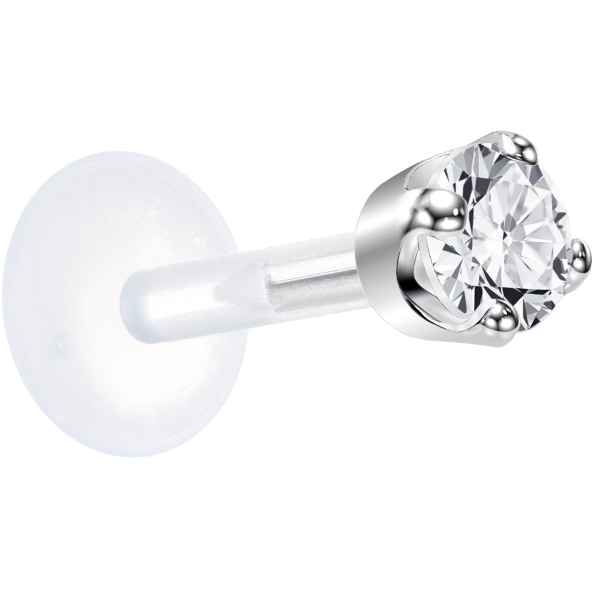 16G 1/4 Solid 14K White Gold 3mm Clear Cubic Zirconia Bioplast Tragus Earring Stud