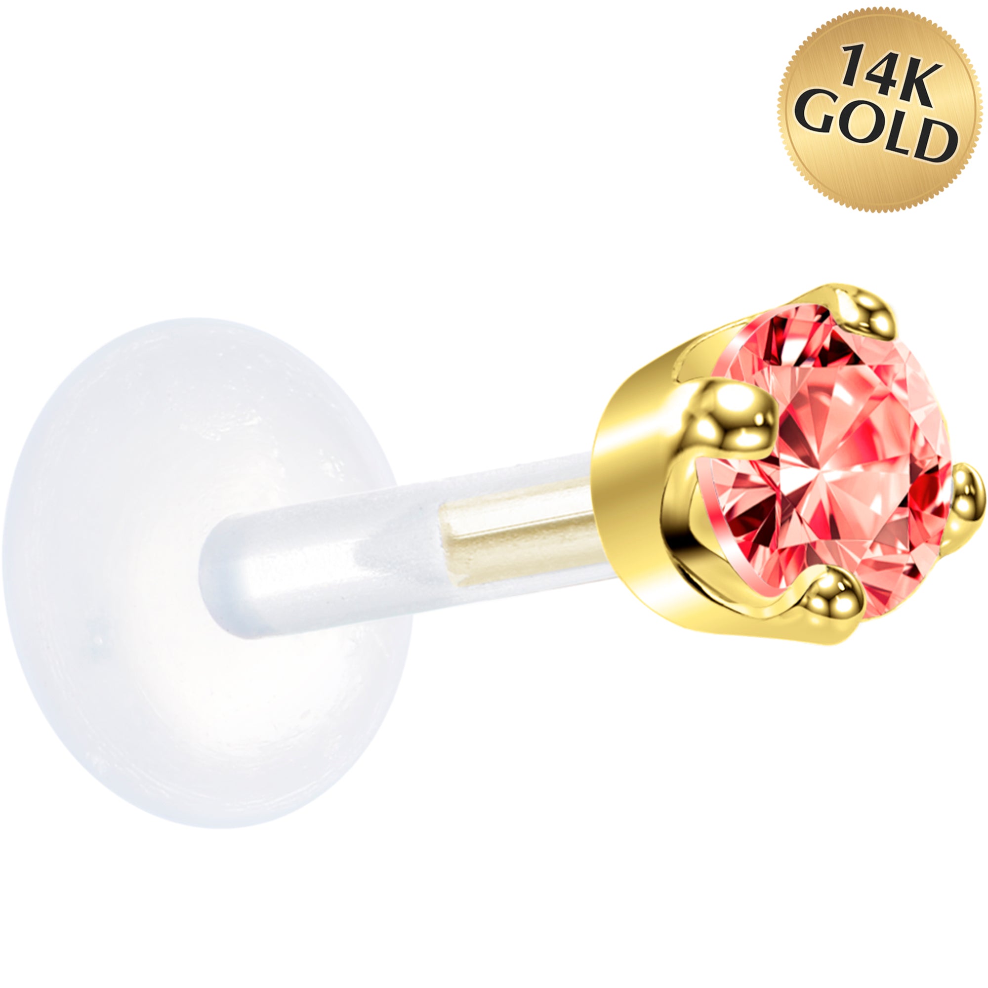 16G 1/4 Solid 14K Yellow Gold 3mm Salmon Cubic Zirconia Bioplast Tragus Earring Stud