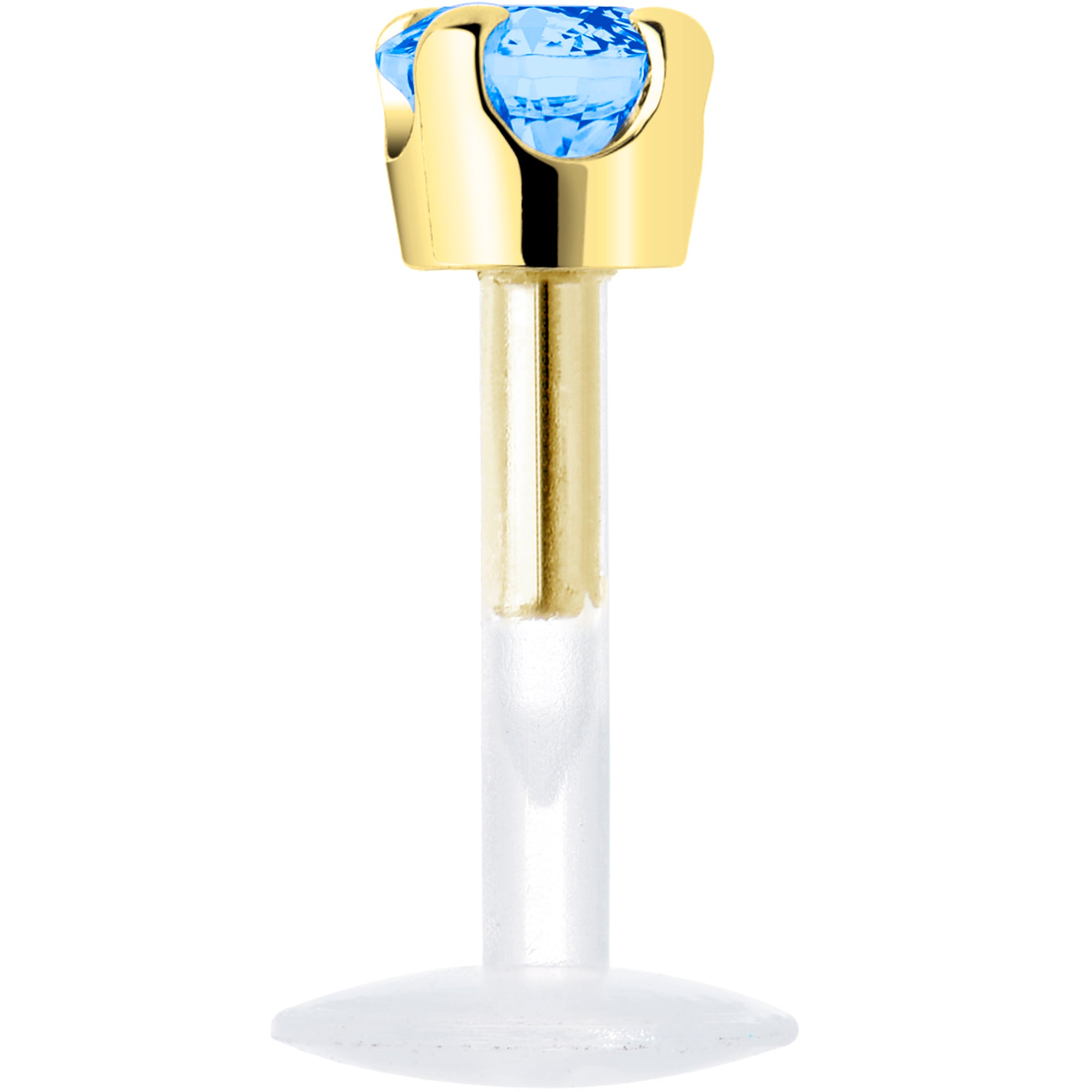 16G 1/4 Solid 14K Yellow Gold 3mm Plexi Blue Cubic Zirconia Bioplast Tragus Earring Stud