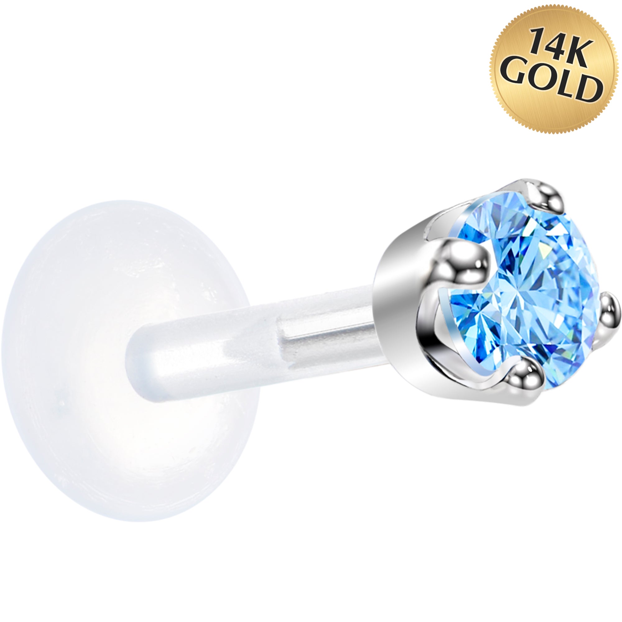 16G 1/4 Solid 14K White Gold 3mm Plexi Blue Cubic Zirconia Bioplast Tragus Earring Stud