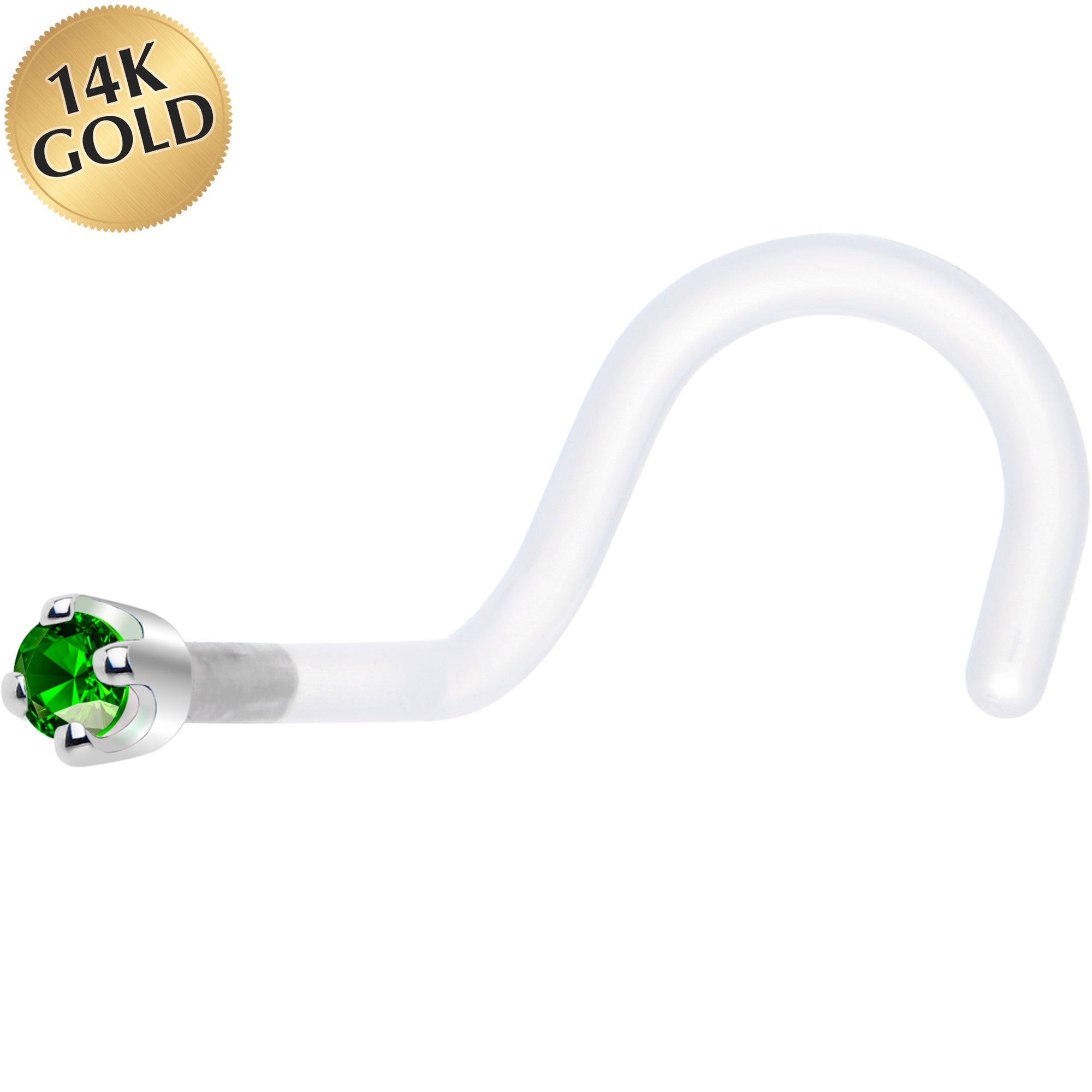 18G 1/4 White Gold 1.5mm Green Cubic Zirconia Bioplast Nose Ring