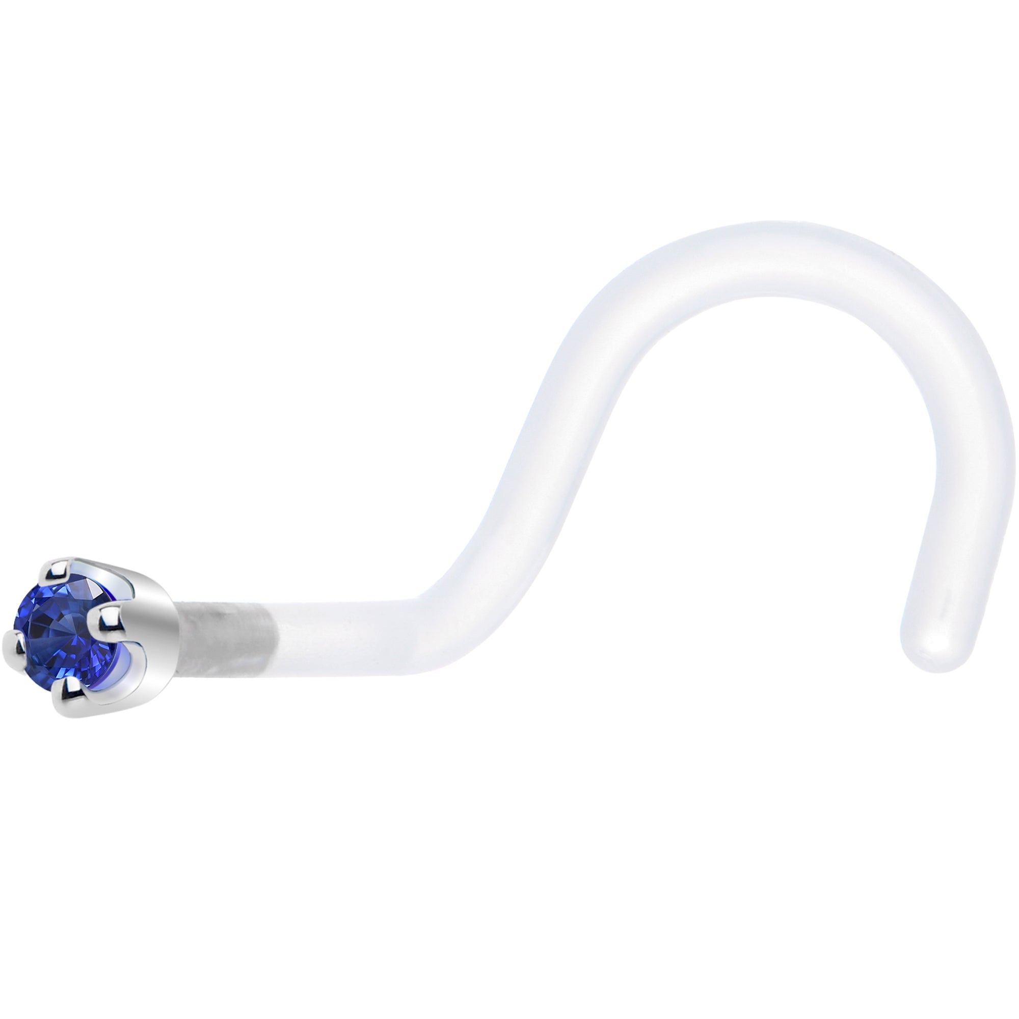 18G 1/4 White Gold 1.5mm Blue Cubic Zirconia Bioplast Nose Ring