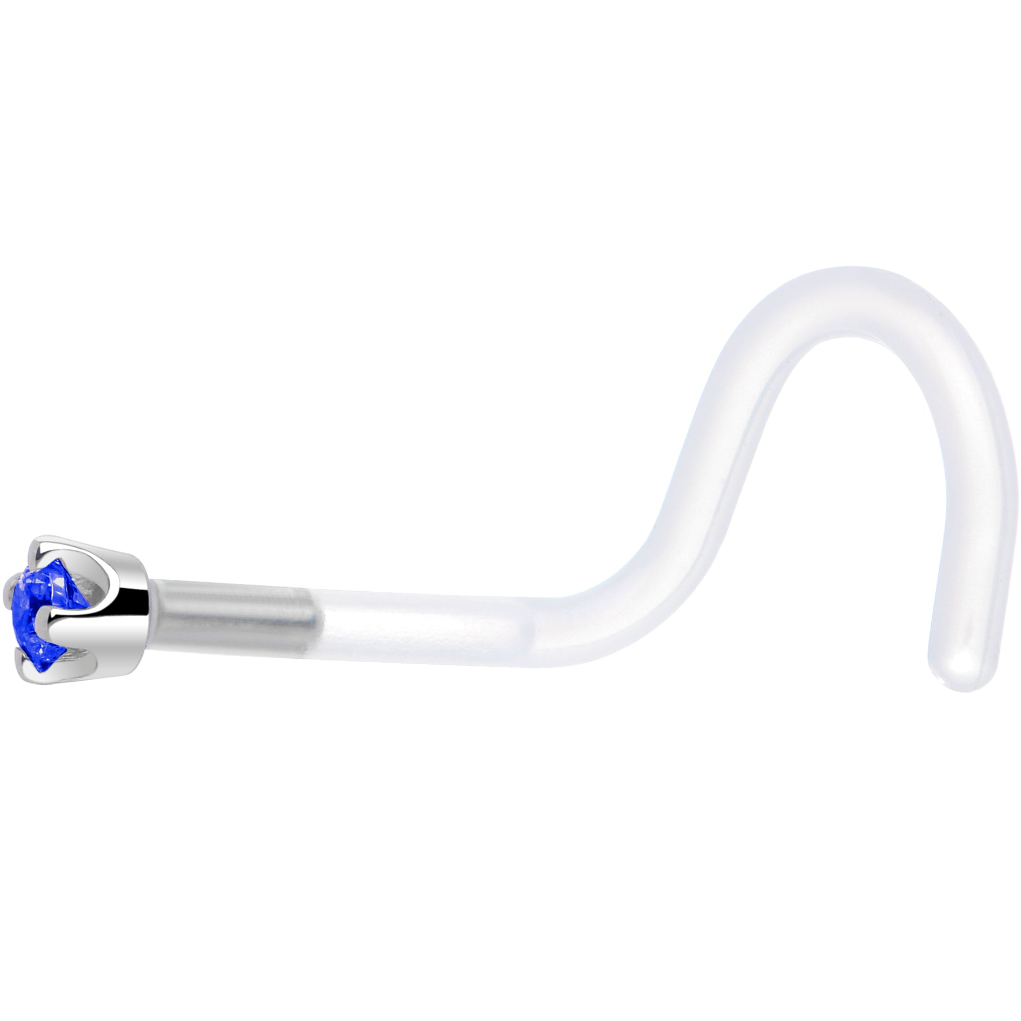 18G 1/4 White Gold 1.5mm Blue Cubic Zirconia Bioplast Nose Ring