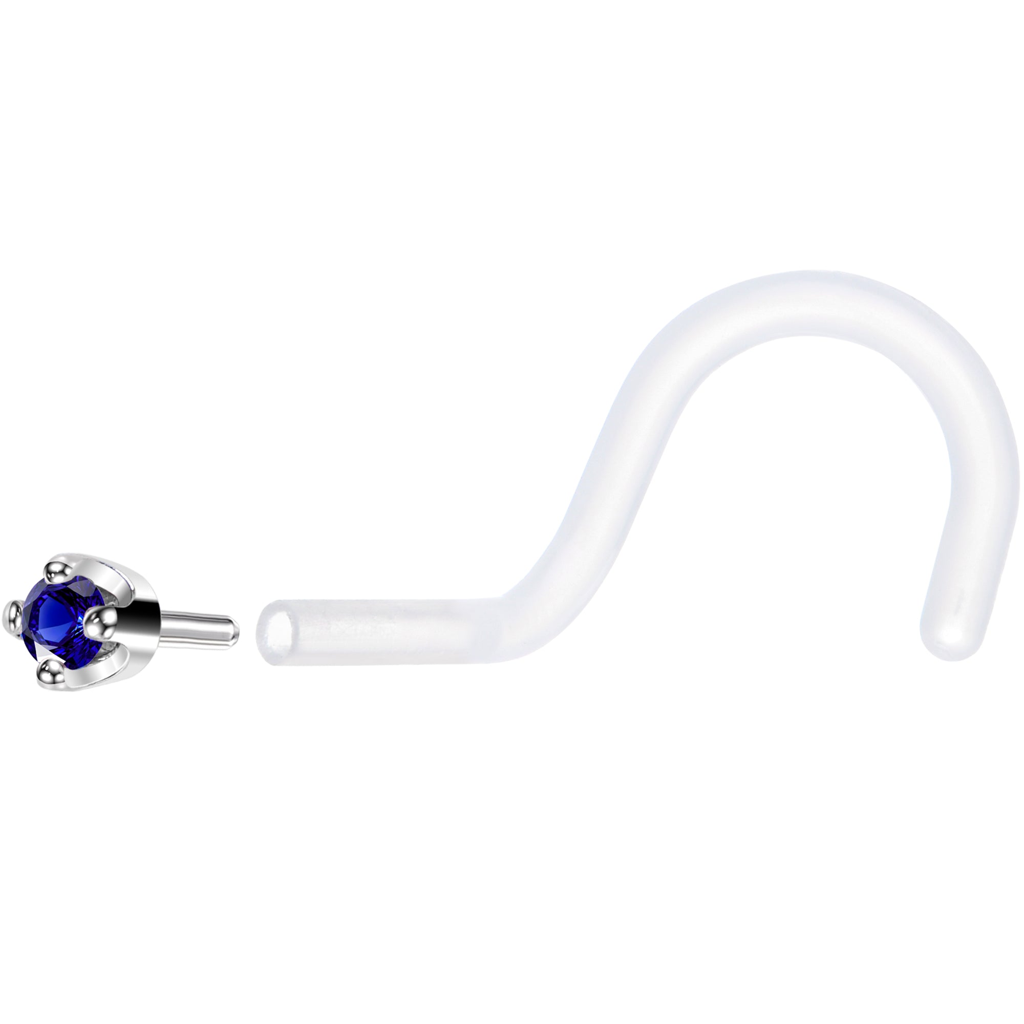 18G 1/4 White Gold 1.5mm Blue Cubic Zirconia Bioplast Nose Ring