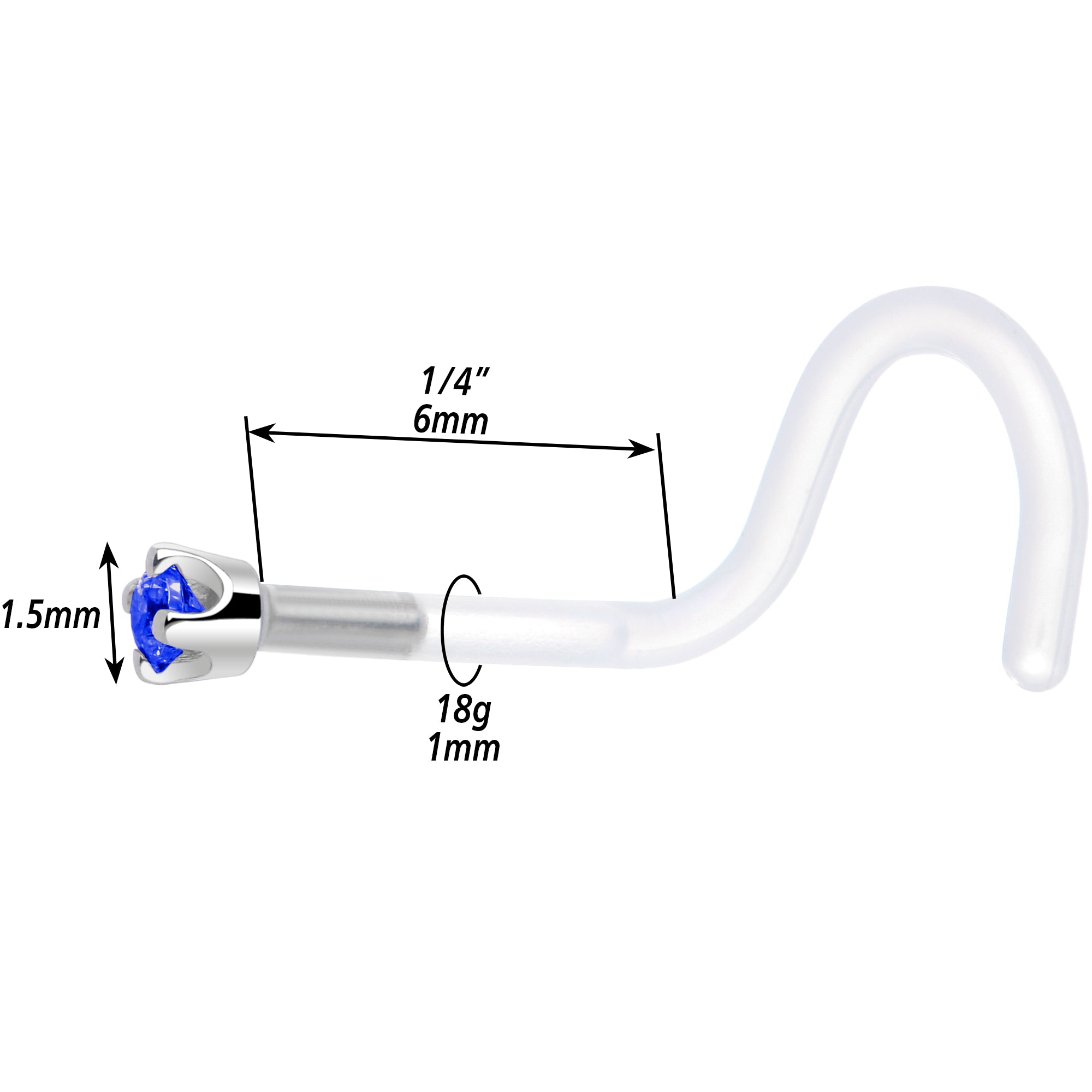 18G 1/4 White Gold 1.5mm Blue Cubic Zirconia Bioplast Nose Ring