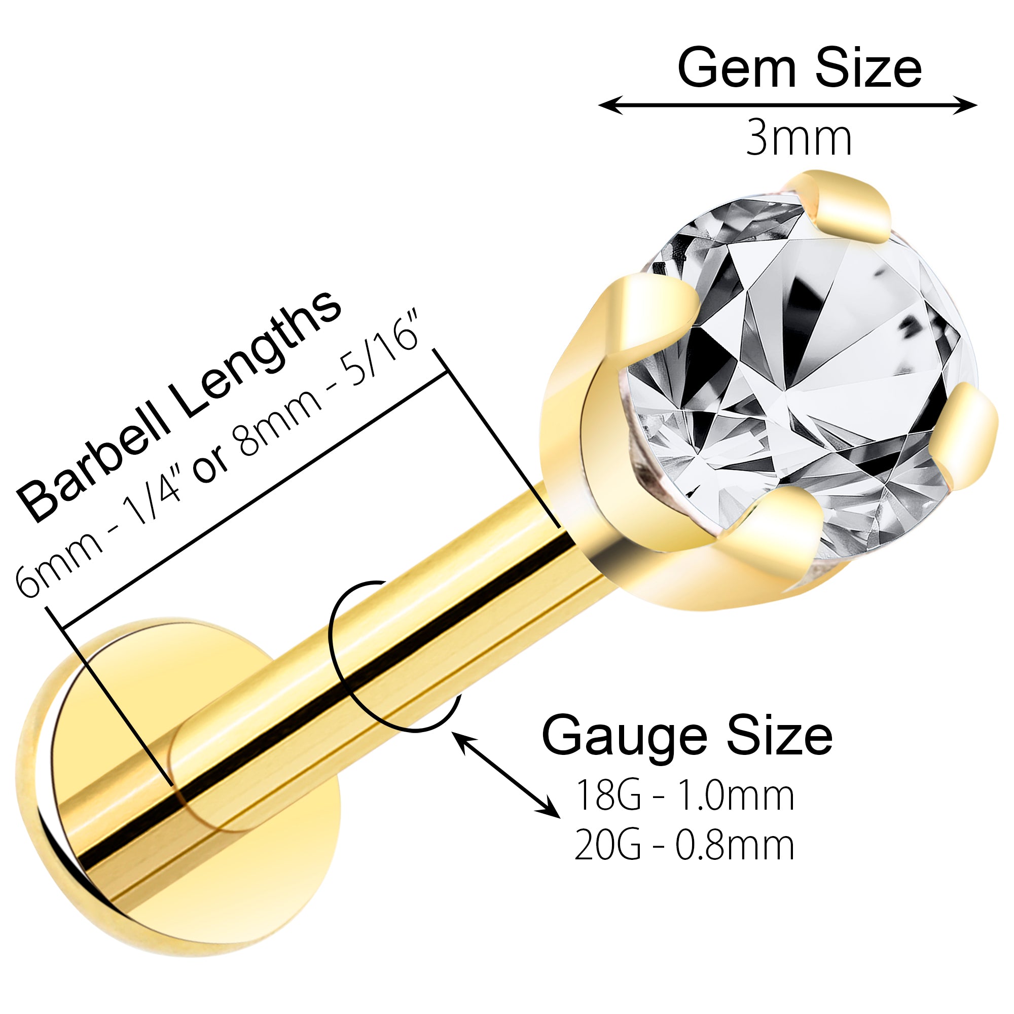 flat back earring in 14k yellow gold, 3mm cubic zirconia