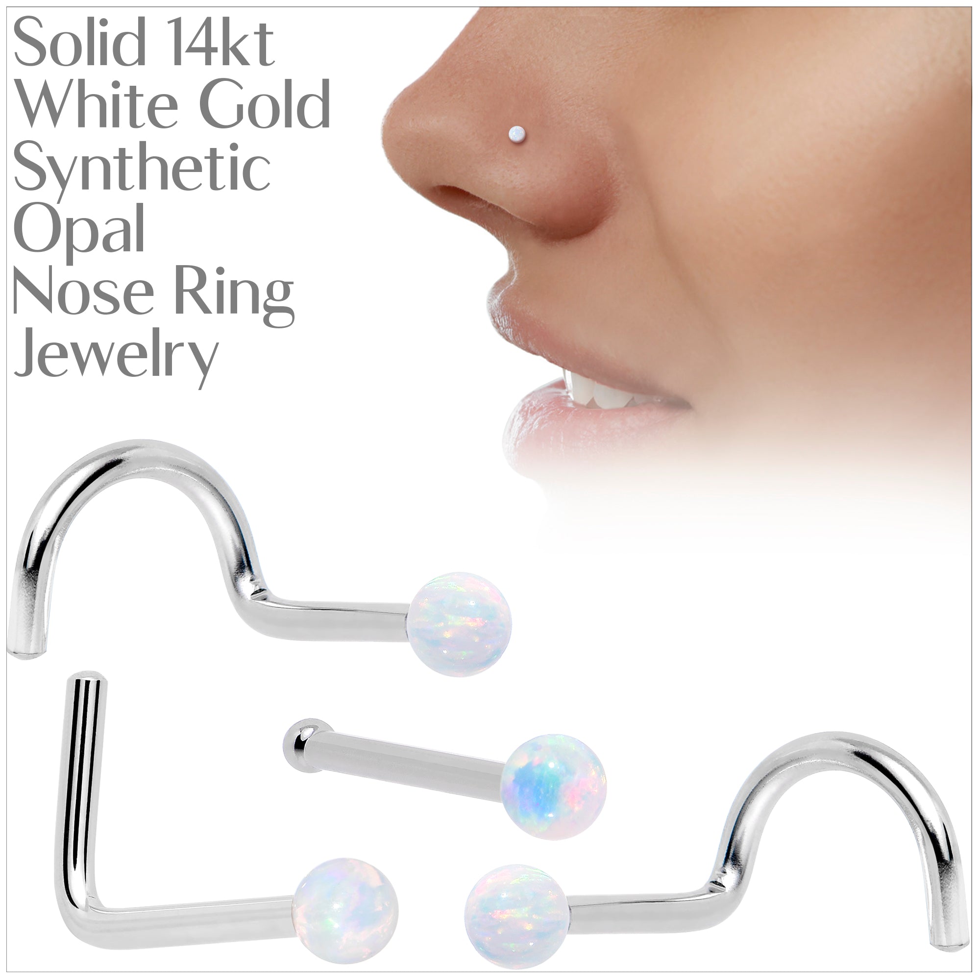 20 Gauge Synthetic Opal Ball Nose Ring in 14k White Gold