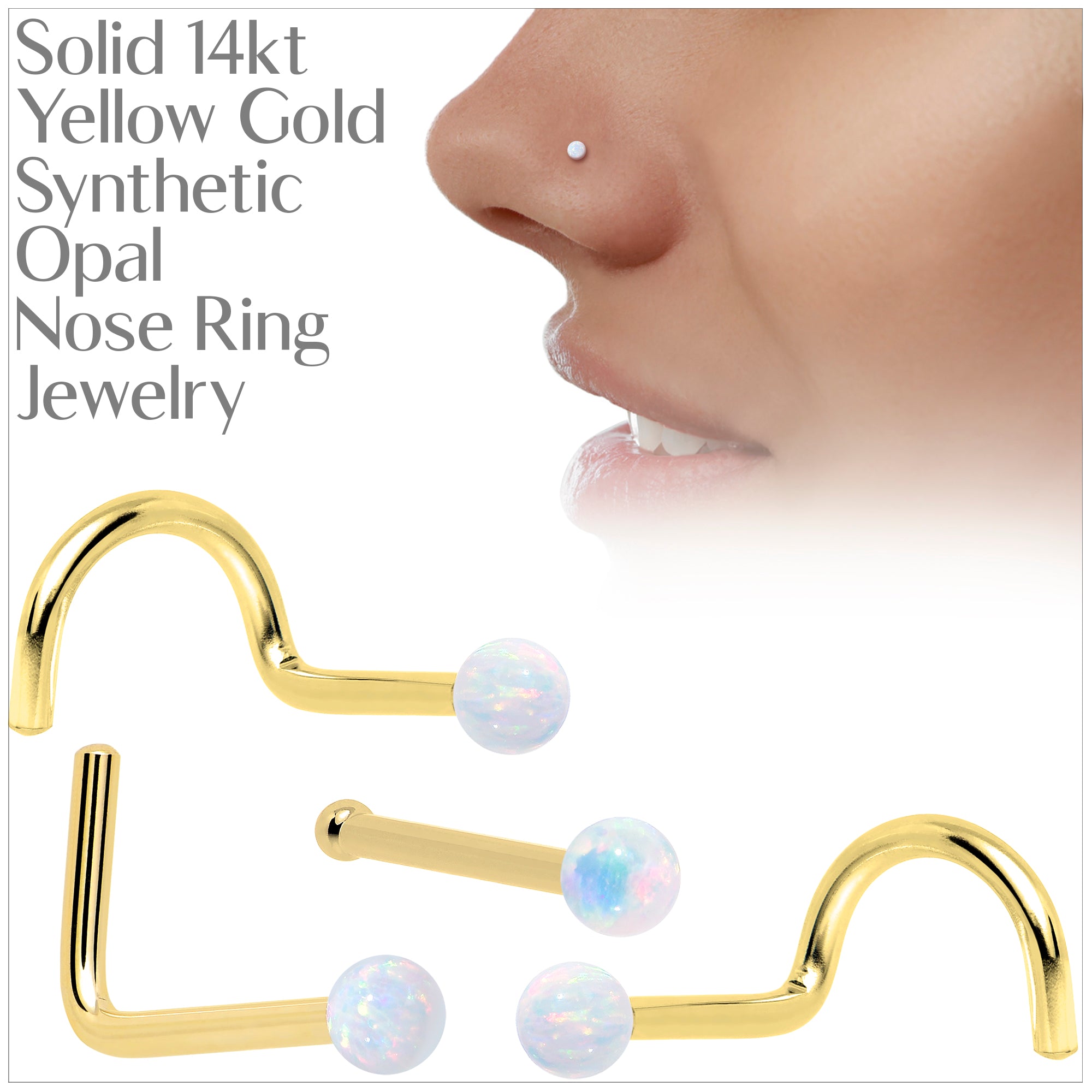 20 Gauge Synthetic Opal Ball Nose Ring in 14k Yellow Gold