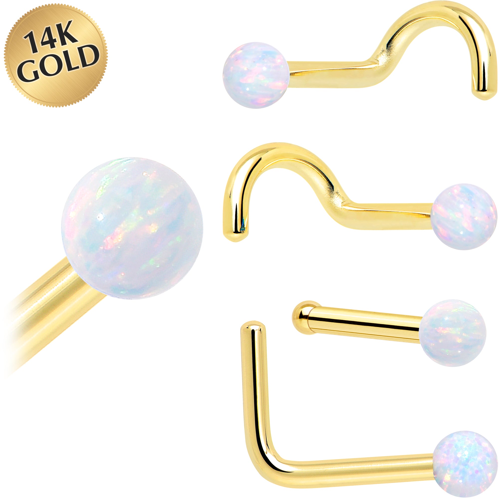 14k Yellow Gold 20 Gauge Nose Ring with Synthetic Opal Ball
