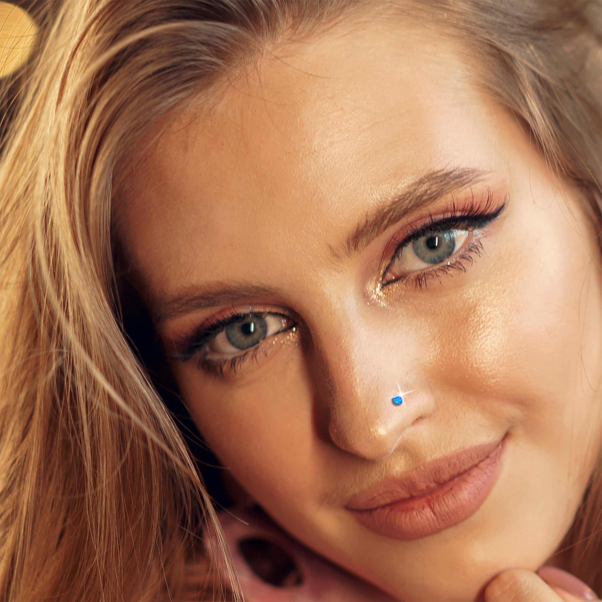 14k White Gold 2.5mm Blue Synthetic Opal Ball Nose Ring