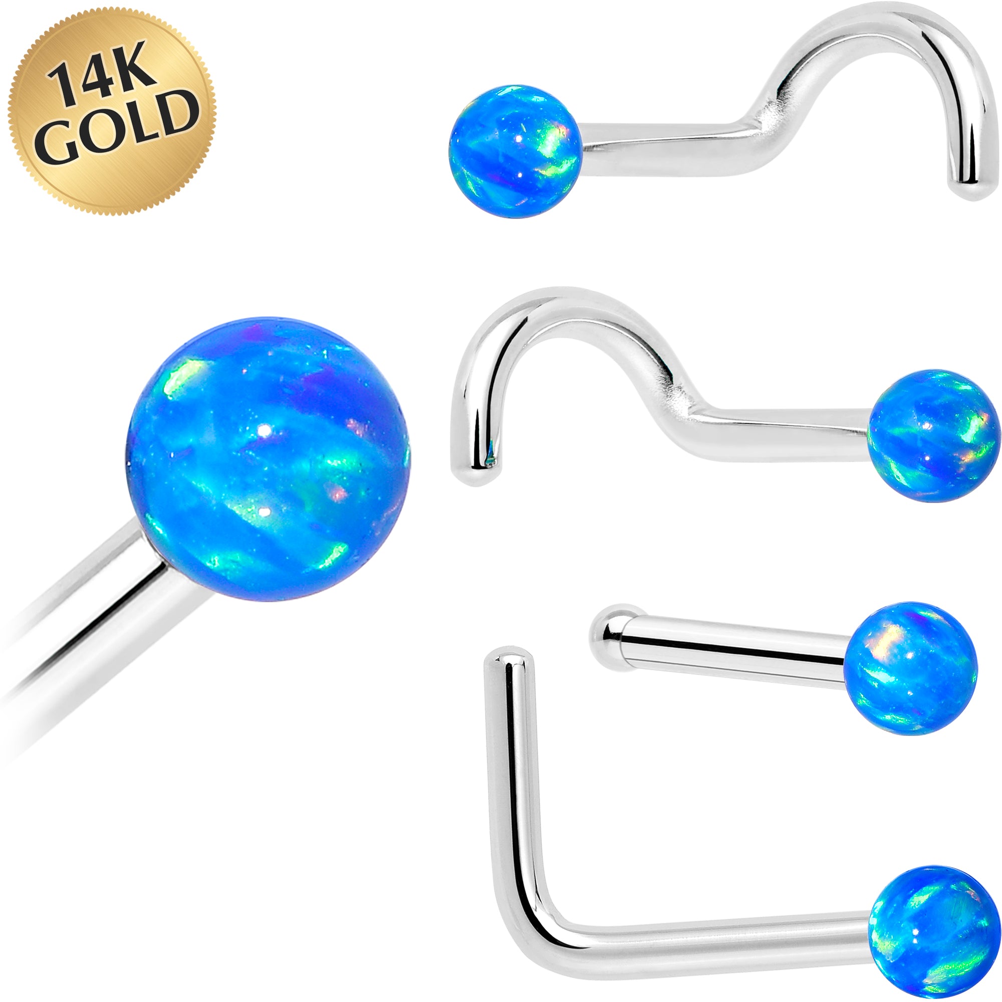 14k White Gold 2.5mm Blue Synthetic Opal Ball Nose Ring