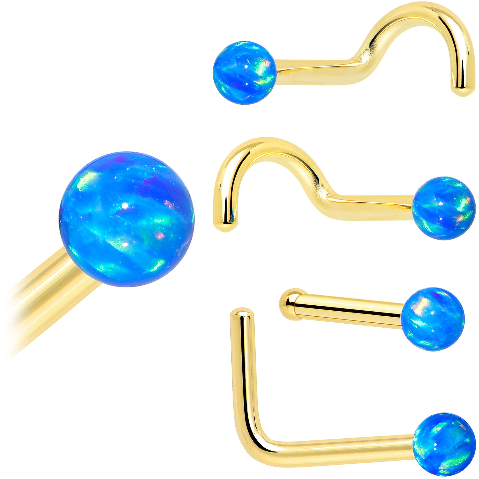 Handmade 20 Gauge 14k Yellow Gold Blue Synthetic Opal Ball Nose Ring