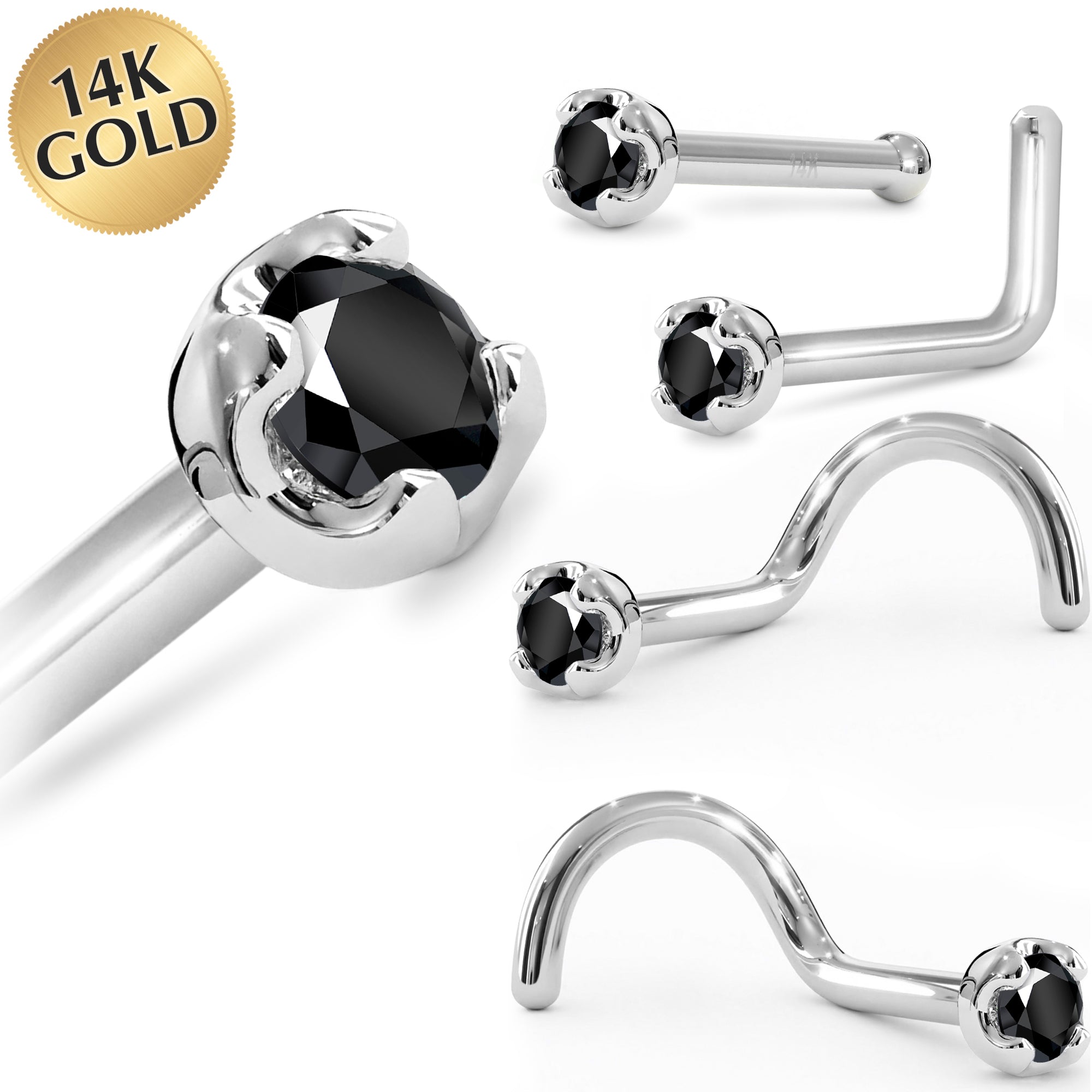 Solid 14K White Gold 1.5mm Genuine Black Diamond Nose Ring