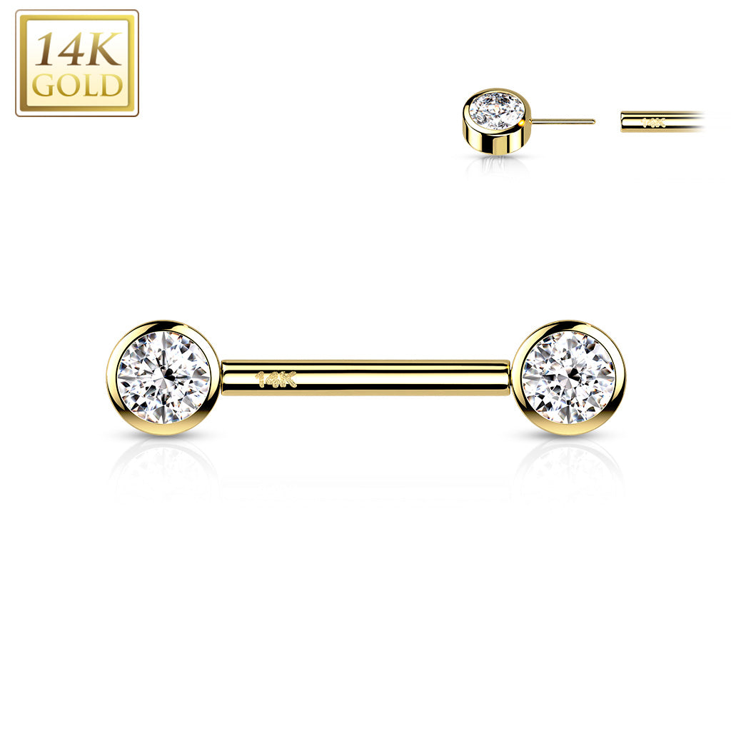14G 9/16 Solid 14k Gold CZ Gem Bezel Set Threadless Barbell Nipple Ring Set