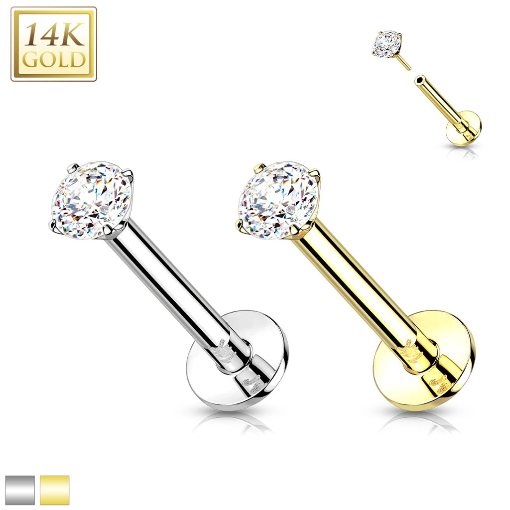 16G 1/4 Clear CZ Gem 14k Gold Prong Set 3mm Threadless Labret Monroe Tragus