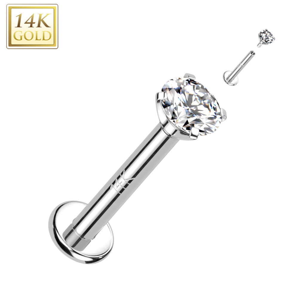 16G 1/4 Clear CZ Gem 14k Gold Prong Set 3mm Internally Threaded Labret Monroe Tragus